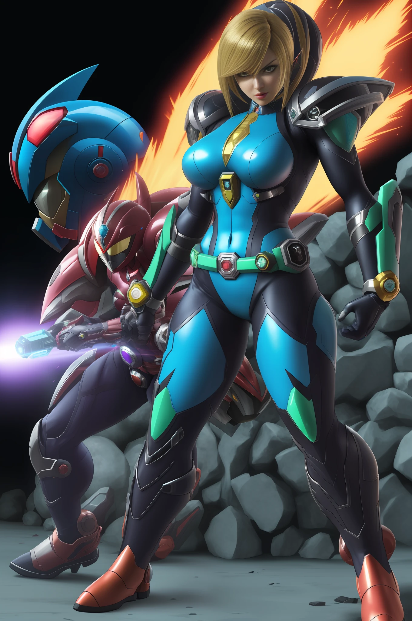 (Full body image of a woman/Kamen Rider/Mega Man-x/Samus Aran), on a macabre battlefield full of zombies, blue Super Sayajin hair, staring at the viewer/grimacing with her tongue/holding futuristic weapons. Image with Max quality/resolution/sharpness/detail, Unreal Engine 5/Mortal Kombat, Cartoon/Anime style,