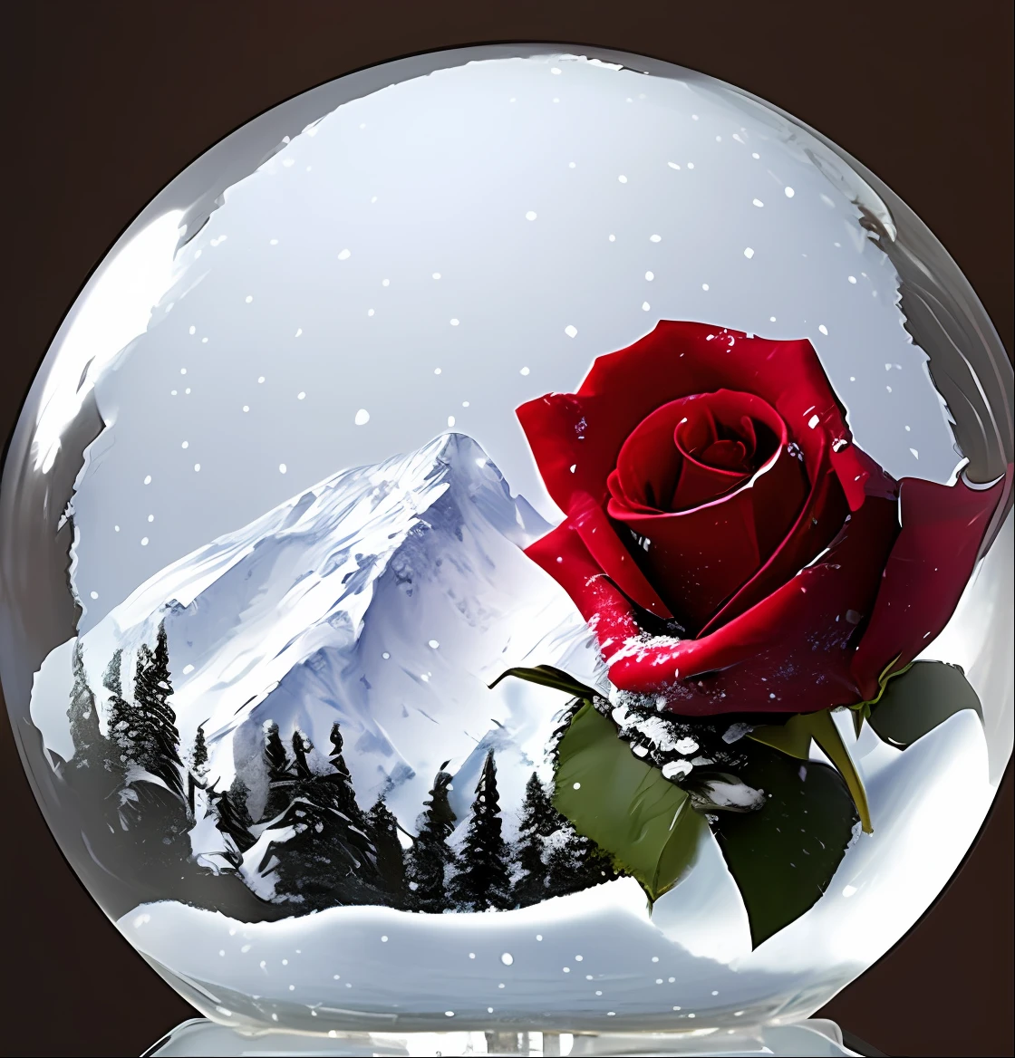 Imagine a snow-covered mountaintop with a red rose on top. Encased in a glass orb