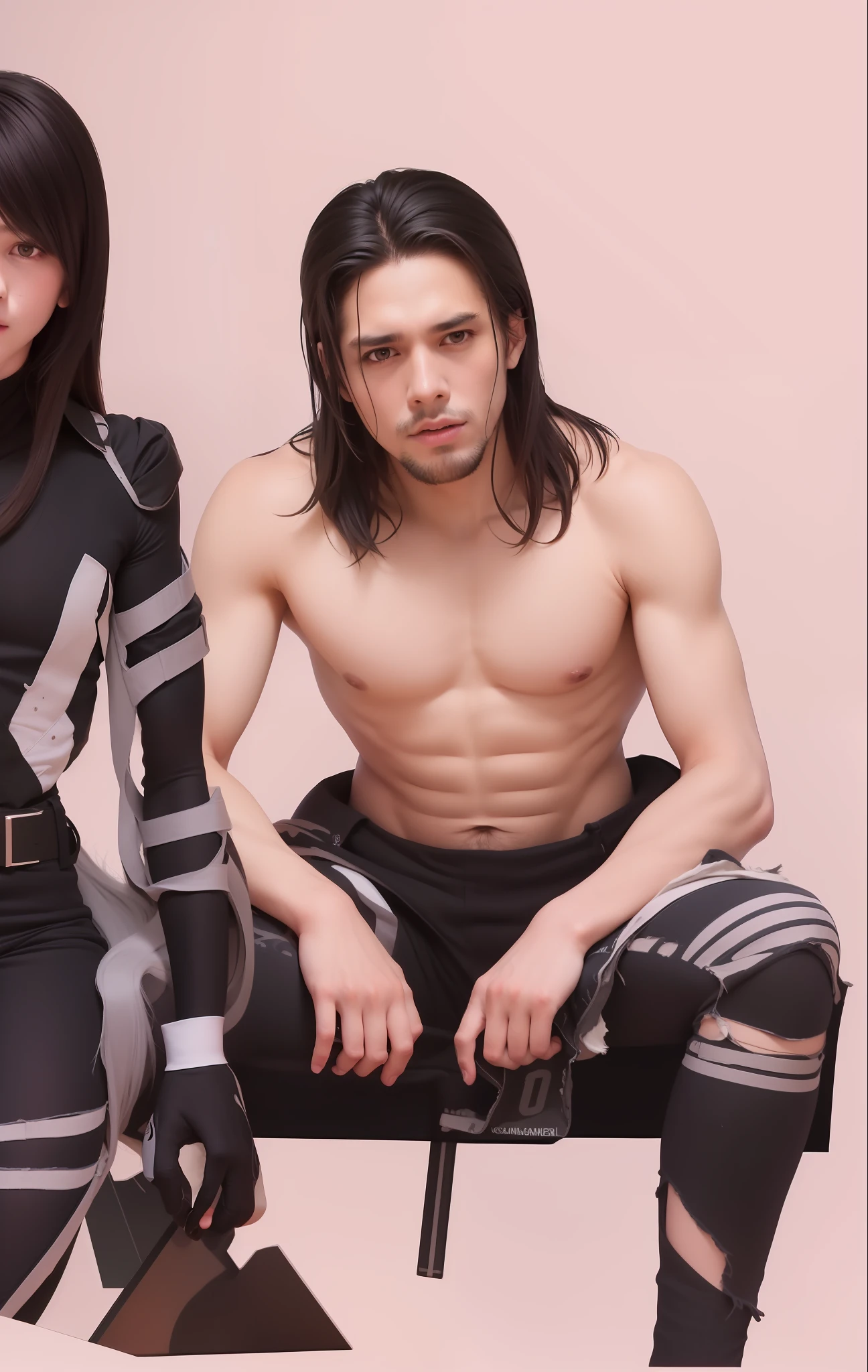 best quality, masterpiece, (realistic: 1.2), 1 man, Eren Jaeger, real life, live action, black jeans, black pants, brown hair, attack on Titan, long hair, abs, muscles, shirtless, sunset background, looking at the mirror, black jacket, fitness, fit body, slim body, high definition, high quality, gigachad