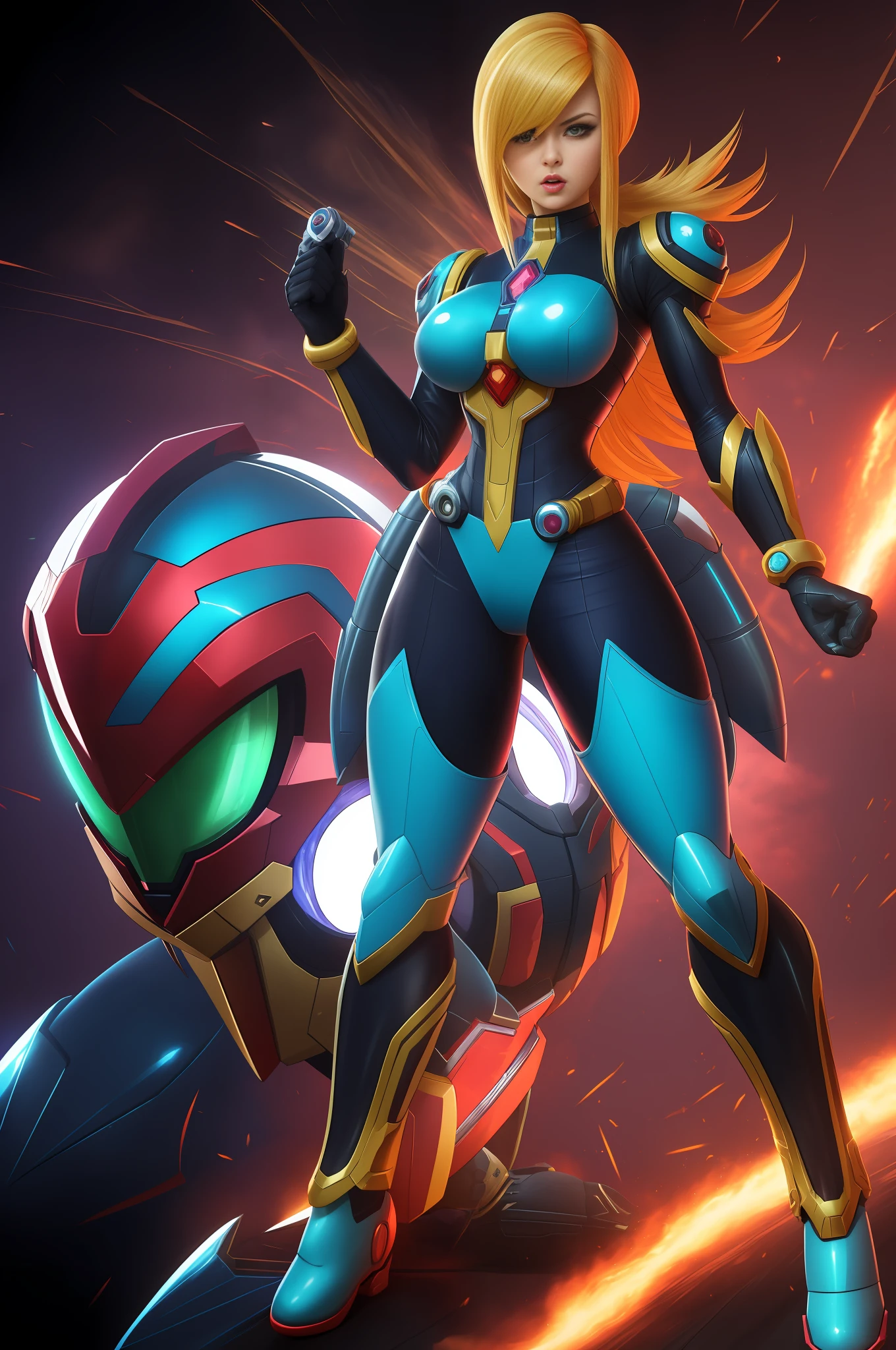 (Full body image of a woman/costume/Kamen Rider/Mega Man-x/Samus Aran), on a macabre battlefield full of zombies, blue Super Sayajin hair, staring at the viewer/grimacing with his tongue/holding futuristic weapons. Image with Max quality/resolution/sharpness/detail, Unreal Engine 5/Mortal Kombat, Cartoon/Anime style,