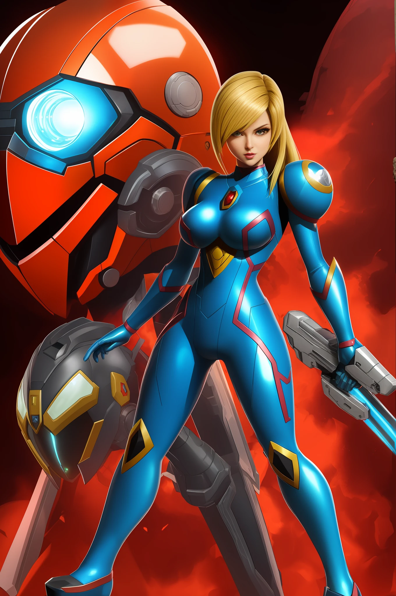 (Full body image of a woman/costume/Kamen Rider/Mega Man-x/Samus Aran), on a macabre battlefield full of zombies, blue Super Sayajin hair, staring at the viewer/grimacing with his tongue/holding futuristic weapons. Image with Max quality/resolution/sharpness/detail, Unreal Engine 5/Mortal Kombat, Cartoon/Anime style,