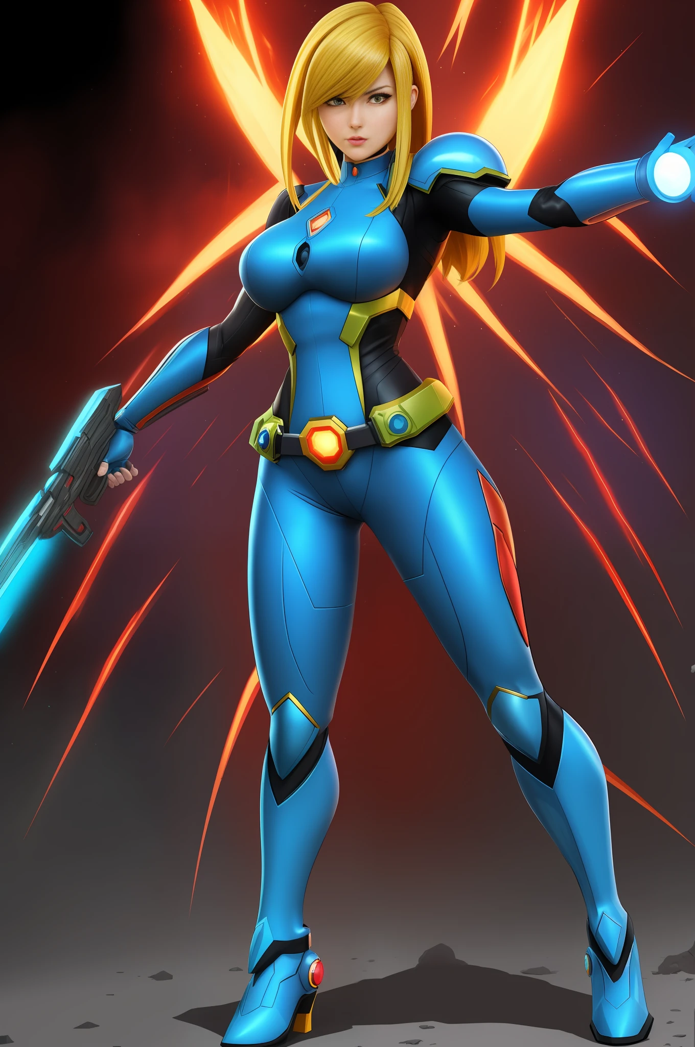(Full body image of a woman/costume/Kamen Rider/Mega Man-x/Samus Aran), on a macabre battlefield full of zombies, blue Super Sayajin hair, staring at the viewer/grimacing with his tongue/holding futuristic weapons. Image with Max quality/resolution/sharpness/detail, Unreal Engine 5/Mortal Kombat, Cartoon/Anime style,