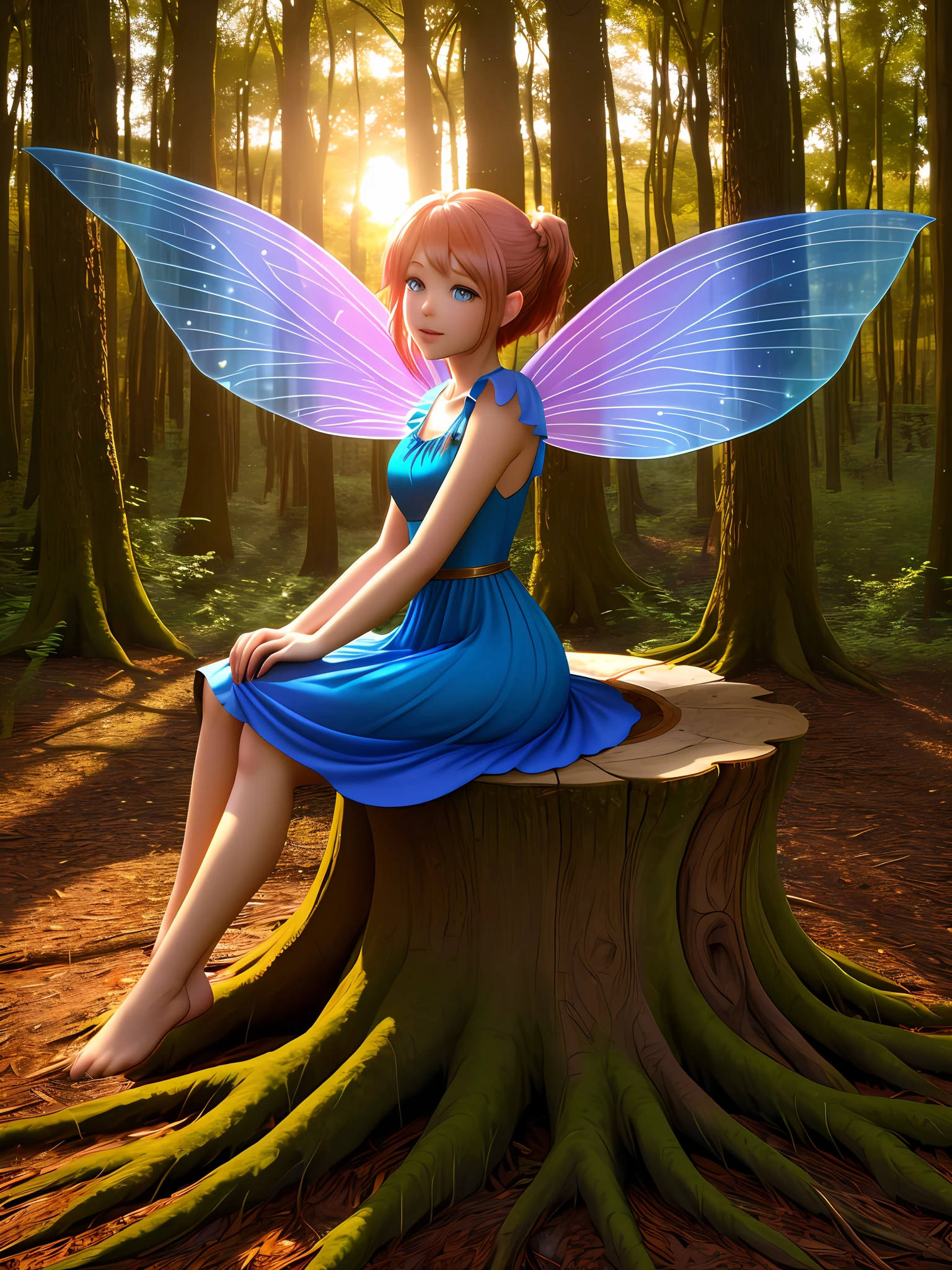 Beutiful fairy sitting on a tree stump in a lummy forest. It's sunrise, wearing a blue dress. Detailed. She has wings.