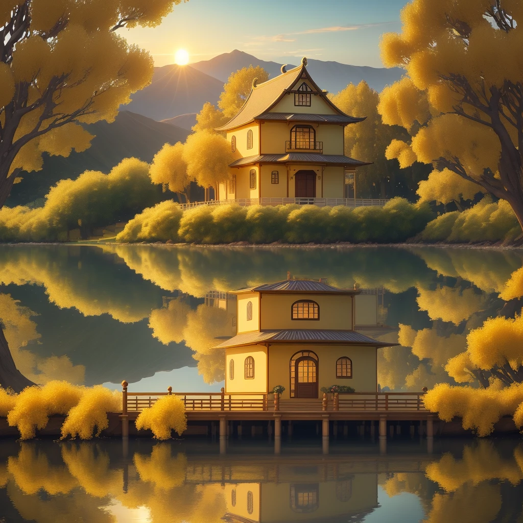 Create an image of a serene golden house pop-up from a thick book. Include a graceful golden bridge leading to an island with a majestic willow tree. Surround the scene with vibrant golden flowers and a captivating sunset backdrop.