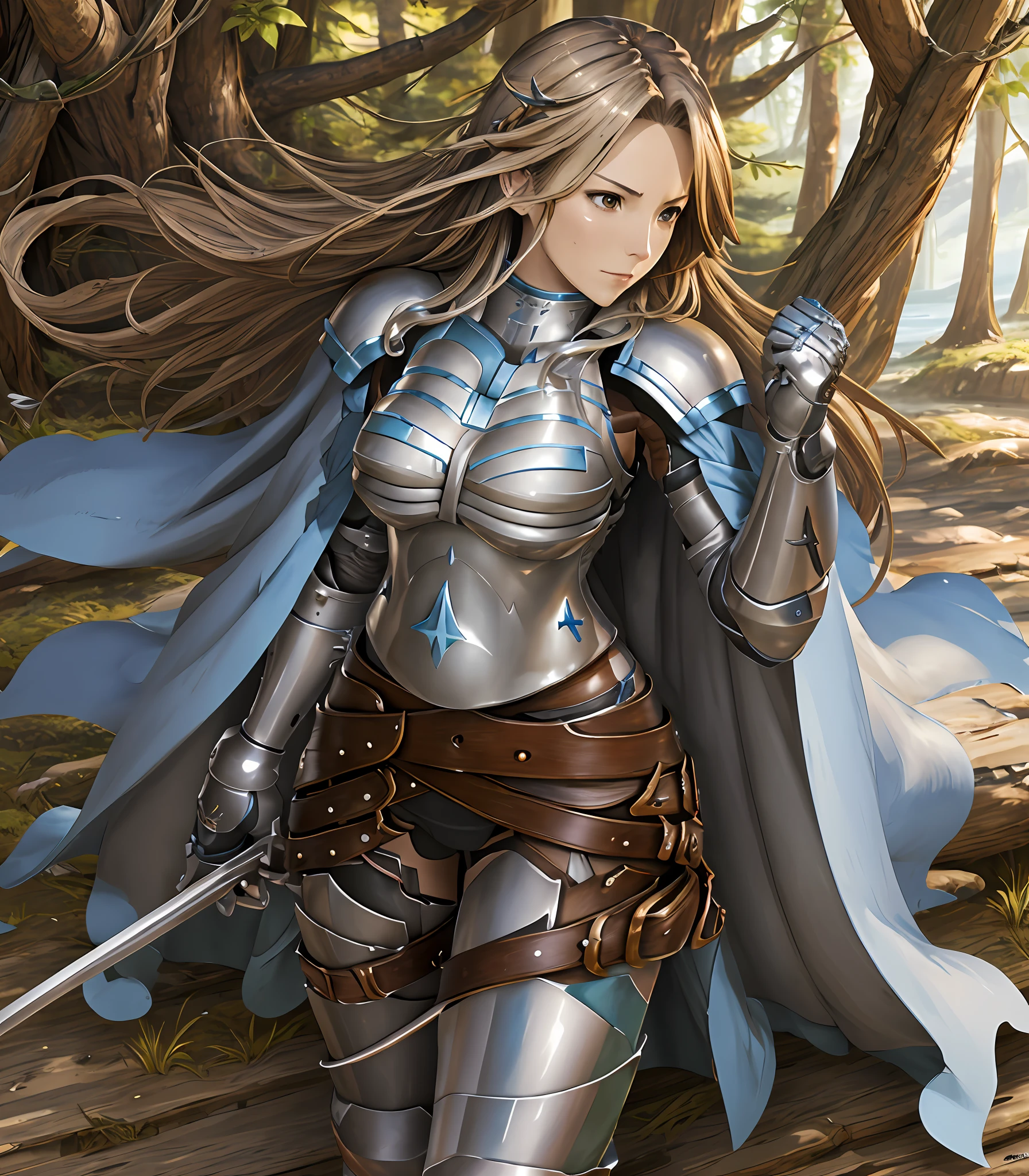 masterpiece, best quality, highres, katalina (granblue fantasy), armor, gauntlets, belt, plate, shoulder armor, cape, pauldrons, pants, cowboy shot, ((forest scenery)), huge tits,  body, solo, 1girl
