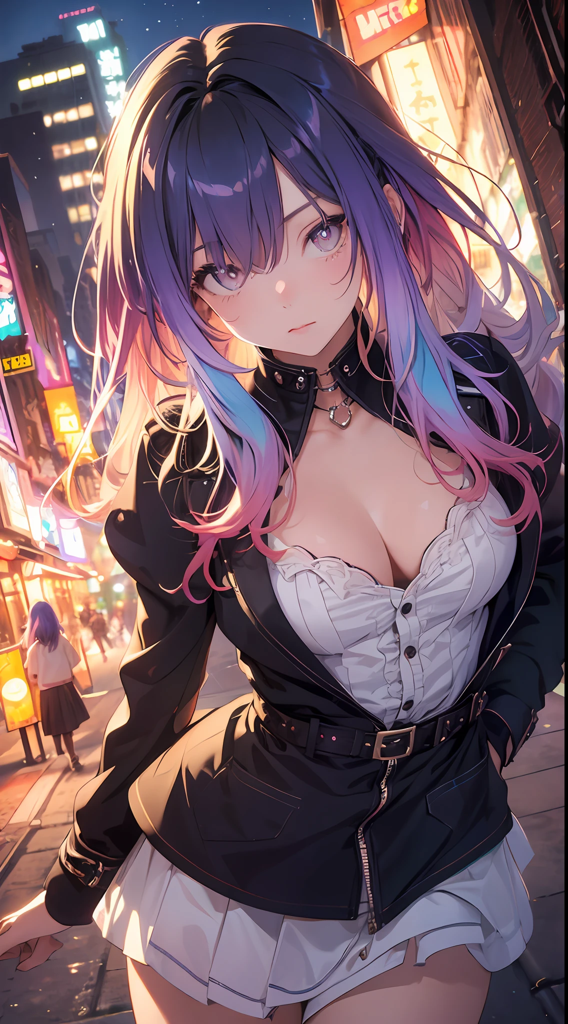 NY, (gradient hair, dutch angle:1.3), film grain, chromatic aberration, city, masterpiece, best quality, raw photo, photorealistic, absurdres, 1girl, cute, perspective, cowboy shot, highres, ultra detailed, detailed eyes and face, sharp pupils, realistic pupils, sharp focus, summer, night,