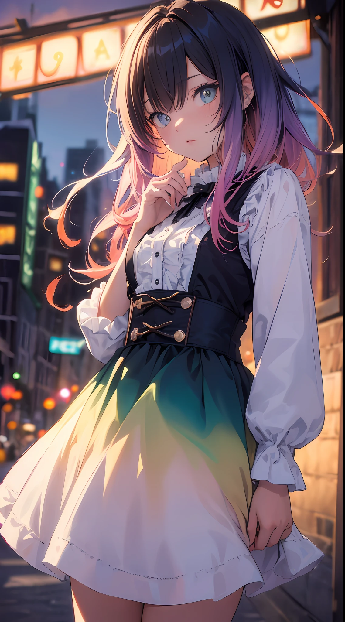 (gradient hair, dutch angle:1.3), film grain, chromatic aberration, city centre, masterpiece, best quality, raw photo, photorealistic, absurdres, 1girl, cute, perspective, cowboy shot, highres, ultra detailed, finely detail, detailed eyes and face, sharp pupils, realistic pupils, sharp focus, summer, night,