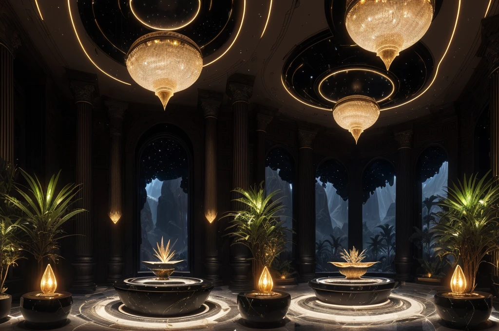 incredible black luxurious futuristic interior in Ancient Egyptian style with many ((lush plants)) (lotus flowers), ((palm trees)), ((african trees, flowers and plants)), rocky walls, (egyptian hieroglyphs), ((sand)), ((waterfalls)) (marble), ((precious minerals)), ((metals)), (gemstones), crystals, clouds and (((water))), ((trees, flowers, plants made out of gemstones and precious minerals and lights)), crocodiles, (((ultra luxury))), (black marble) – with ((beautiful lights)), Unreal Engine, HQ, 16k