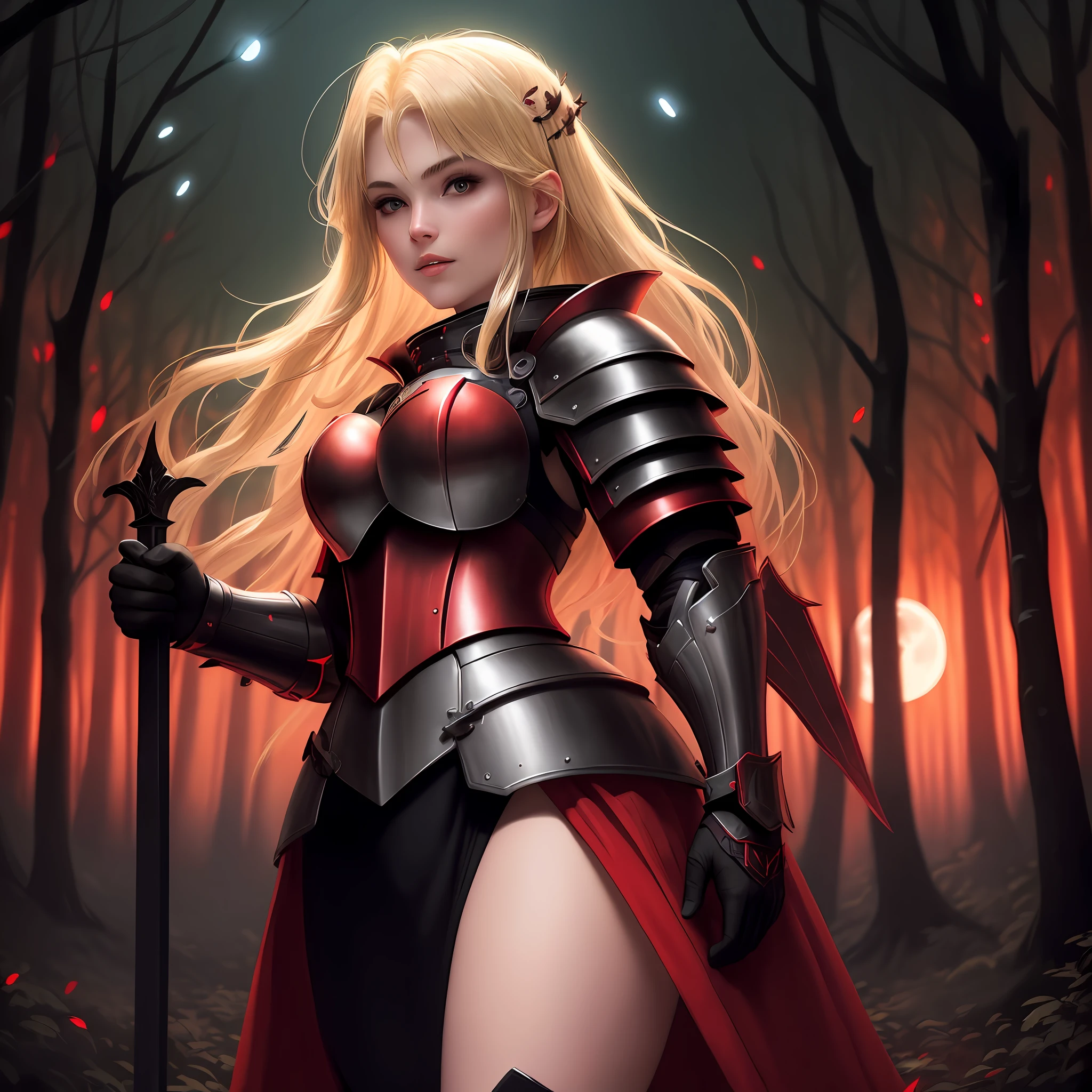 beautiful blonde warrior dressed in sexy black and red armor. In front of a full moon in a dark forest with lightning bugs all around