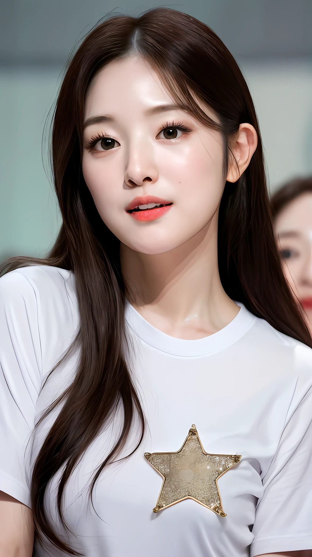 realistic photos of (1 cute Korean star) single ring hair, thin makeup, medium breasts size, t- shirt, shrug, clear facial features, close-up, Nikon, f/4.0, UHD, high details, highres, 16k