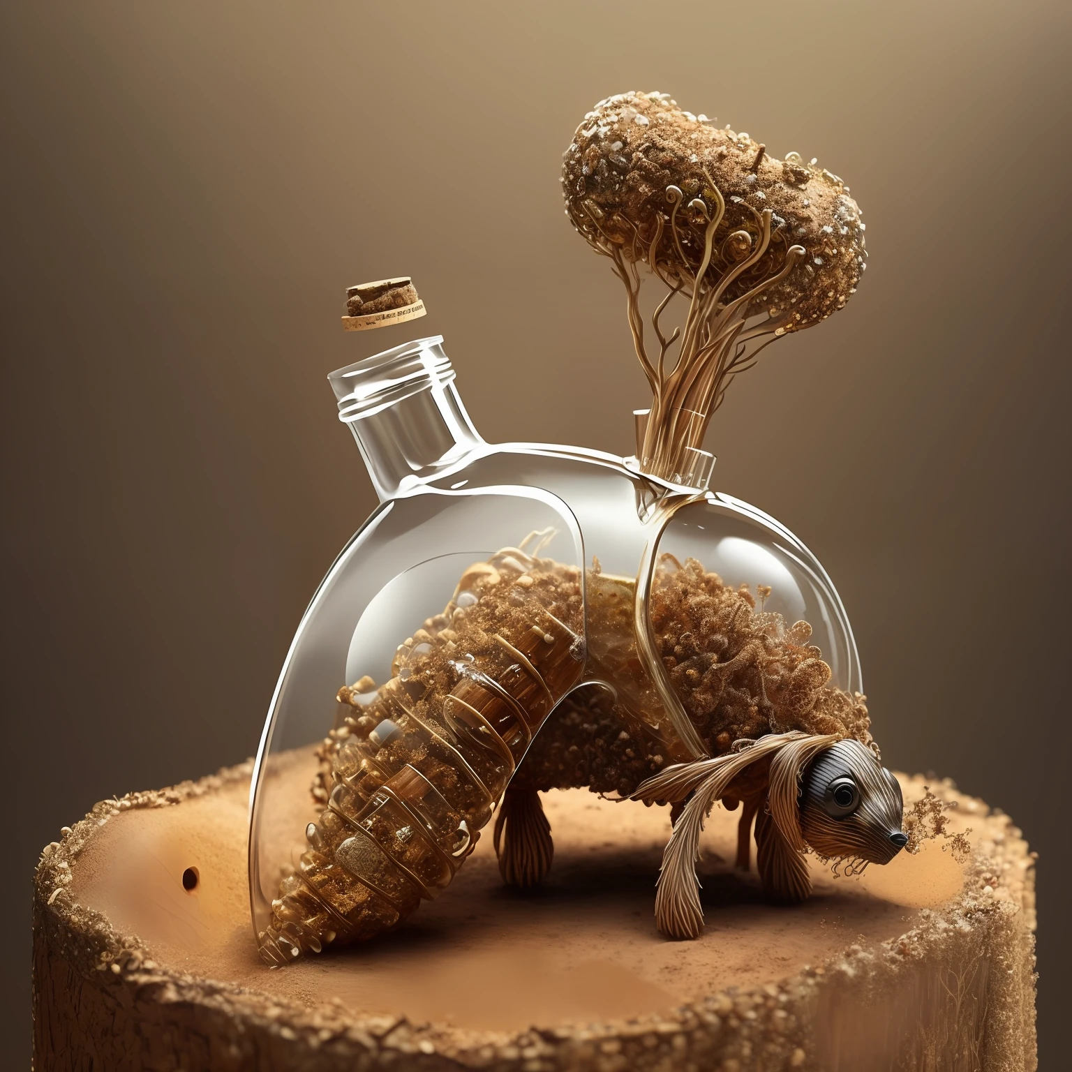 an anthill made out of a clear wine bottle, with cork, colorful, hyper realistic