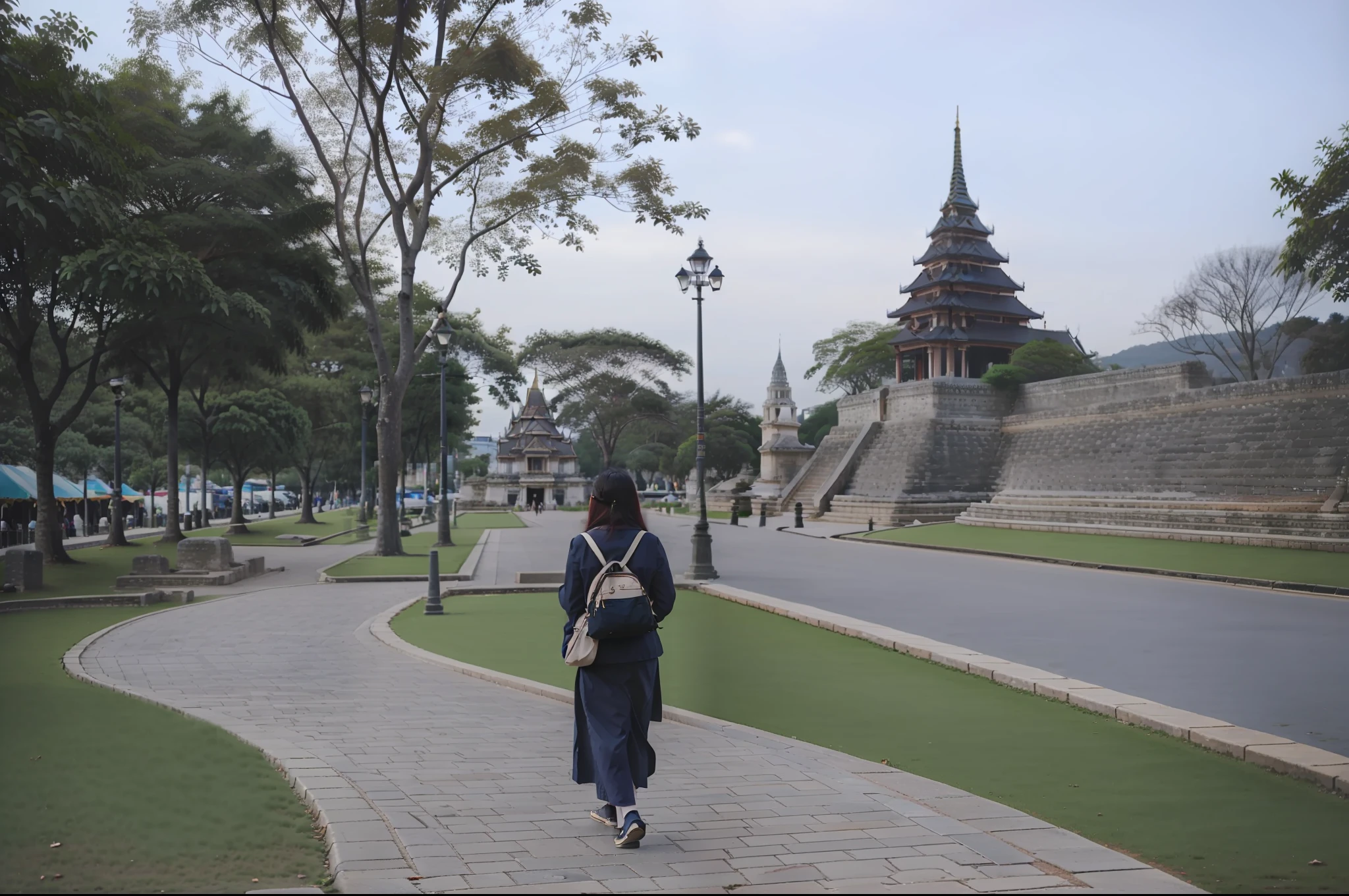 there is a woman walking down a sidewalk with a bag, taken with canon eos 5 d mark iv, photo taken with canon 5d, at an ancient city, taken with canon eos 5 d, in style of thawan duchanee, taken with canon 8 0 d, standing next to royal castle!!!, park in background, in front of a temple
