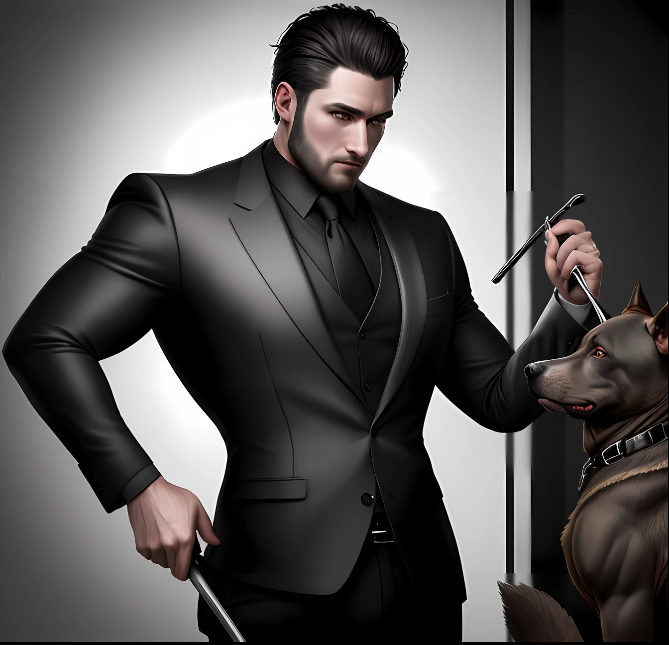 8k ultra HD, realistic, sharp detail, super detailed, 28 year old man standing, pouring black time with a cane with Pit Bull on the side