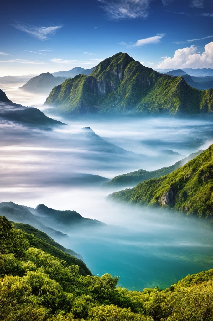 Masterpiece, ultimate quality, Cg unity 8k wallpaper, super delicate, beautiful sky and clouds, rich natural scenery, cliffs, lakes and rivers, waterfalls and flying water, beautiful green mountains, no trace of people, excellent scenery, has already won a photo contest, background Blurring, full depth of field, HDR high dynamics, true restoration, intricate, extreme details, dramatic presentation, perfectly presenting the style of midjourney art.