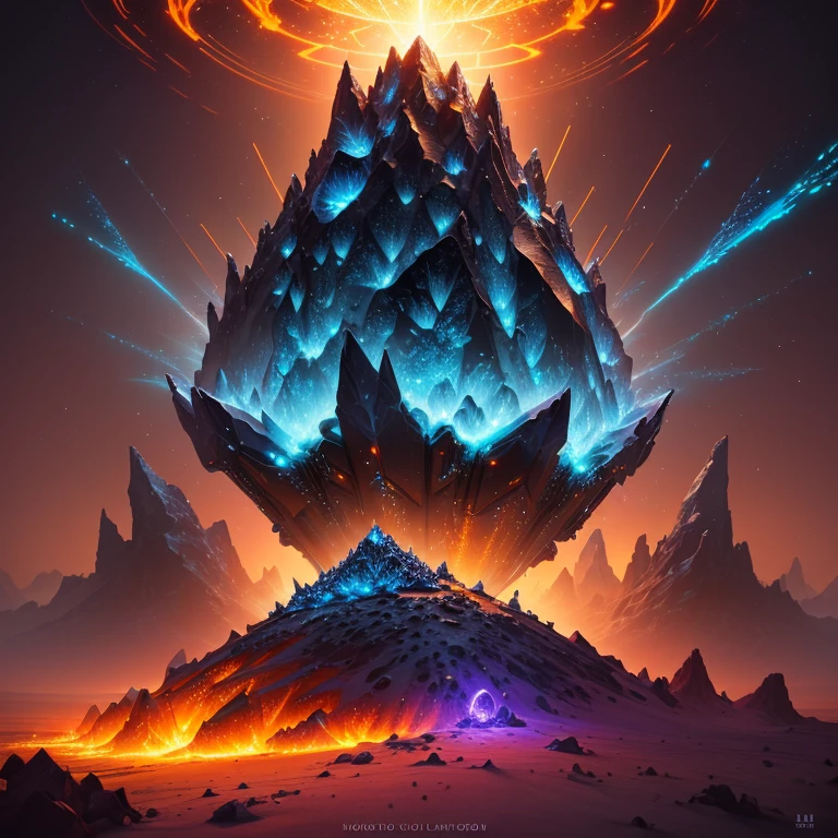 an crystalized sci-fi ant hill with some fire circling around it, with some visual effects, fantasy, hd, HDR 4k upscale