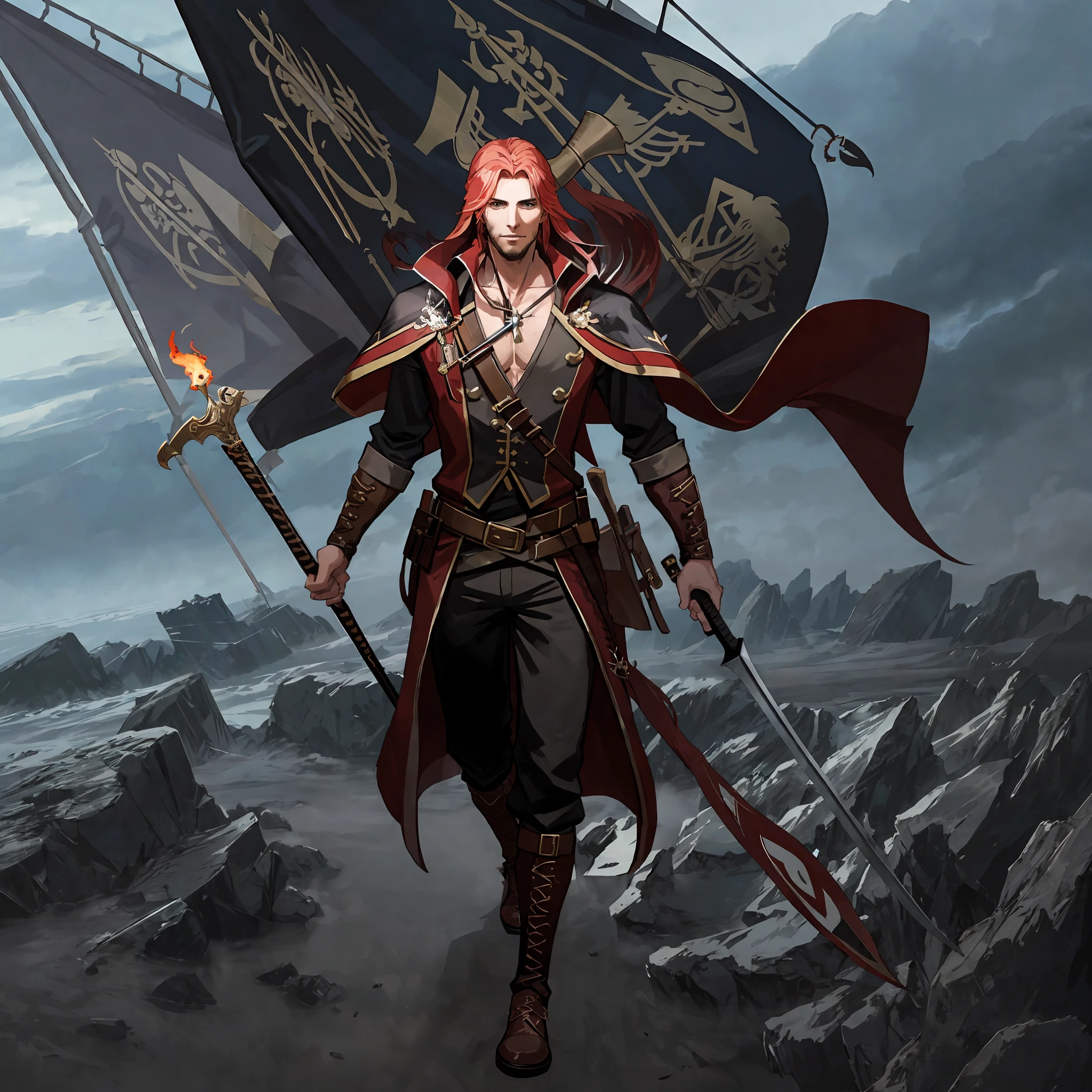 (An incredible illustration of a long-haired male pirate hero, equipped with spear and pistols, wearing a unique outfit and holding an air of mystery, in an epic fantasy solo for adults):0.9, (red hair:1.2|unique clothing:1.3|long hair:0.8), (male character:1.1|pirate character), dramatic lighting, epic background scenery, intense atmosphere, High resolution:1.05