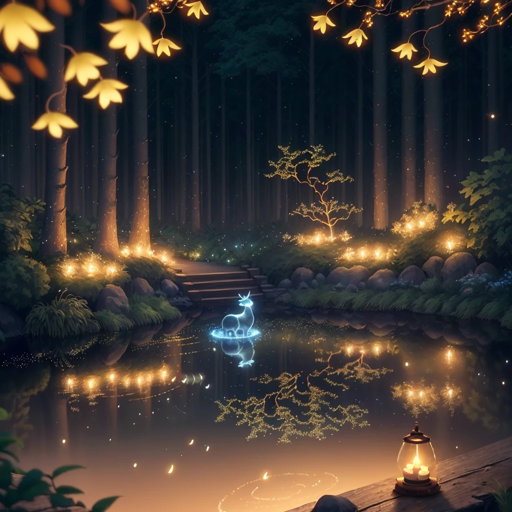 Masterpiece, best quality, (very detailed CG unity 8k wallpaper), (best quality), (best illustration), (best shadows), glow sprite, with a glowing deer, in the swimming pool Drinking water, natural elements in the forest theme. Mysterious forest, beautiful forest, nature, surrounded by flowers, delicate leaves and branches surrounded by fireflies (natural elements), (jungle theme), (leaves), (twigs), (fireflies), (particle effects) etc. 3D , Octane rendering, ray tracing, super detailed