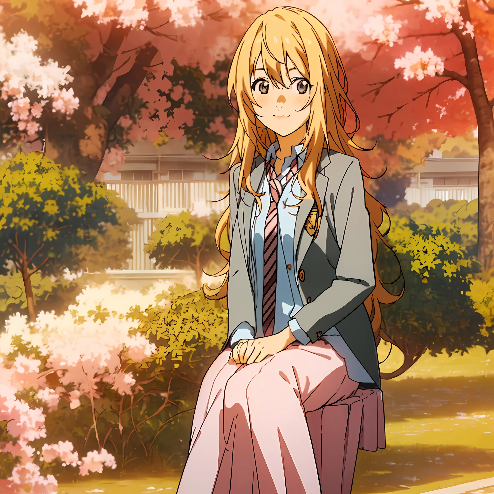 Masterpiece, best quality, kaori, blonde_hair, school uniform, 1girl, solo, smile, long_sleeves, long_hair, elegant, octane rendering, best quality, masterpiece, an extremely delicate and beautiful face, realistic, beautiful, makeup, with necklace, detailed, garden background, ((()) sitting under a cherry tree, sitting under a tree, view from afar, full body, looking at the viewer, 8k,16k,anime girl sitting on a chair in a park with trees, cute, by Shingei, official artwork, anime wallaper, anime stylized, 🍁 seasons!! : 🌸 ☀ 🍂 ❄ , in autumn, sitting in the garden, iwakura lain, anime visual of a cute girl, anime moe artstyle, pixiv style, by Ai-Mitsu, during autumn