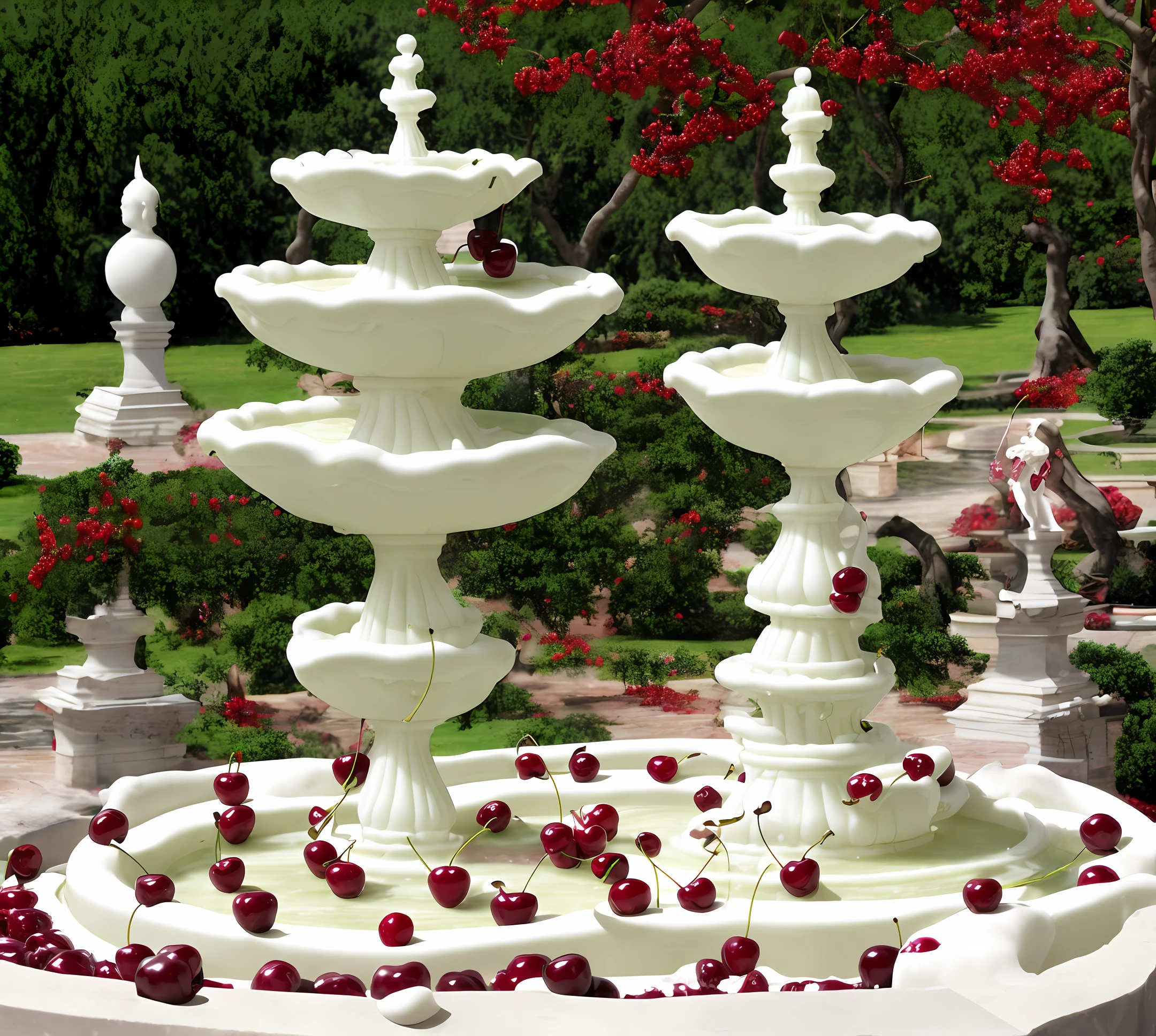 an white chocolate like fountain ant hill with some cherries circling around, and on front, a fairy statue in each side