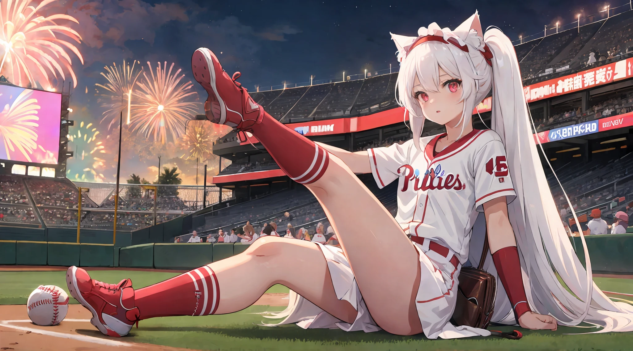 1girl, solo, white hair, red pink eyes, masterpiece, best quality, looking at viewer, full body, adult, cat ears, cat tail, detailed, small breasts, comfortable clothes, hd, pixiv, 4k, detailed, hyperdetailed, socks, shoes, clear sky, baseball game, baseball stadium, phillies, sitting on seat, stadium seats, cheering, night, fireworks, nosebleed seats