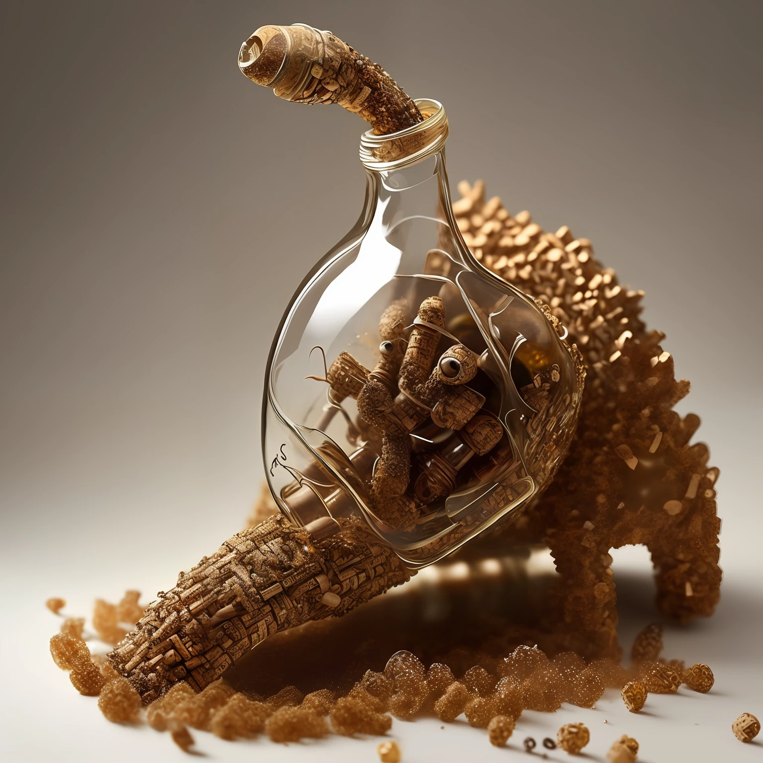an anthill made out of a clear wine bottle, with cork, colorful, hyper realistic