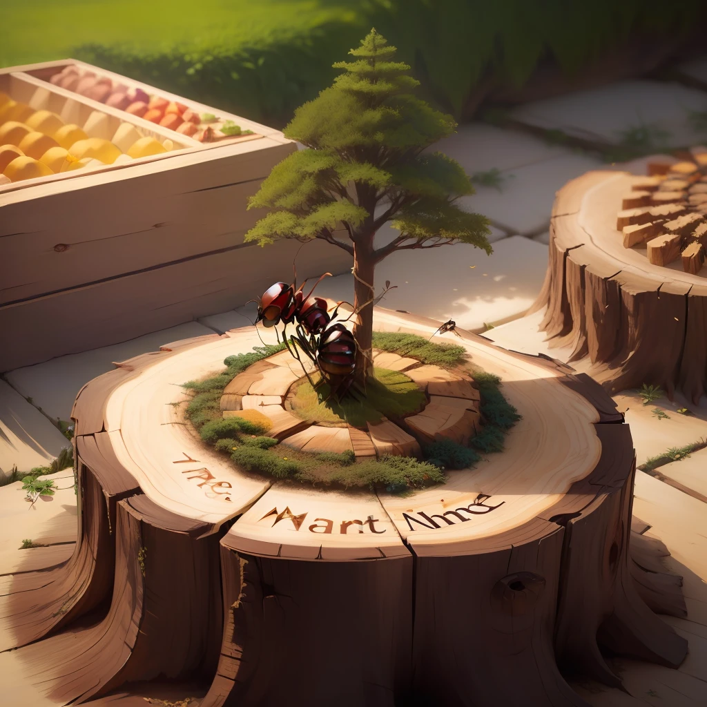 small word busy ant themed market on a tree stump, aesthetic, fantasy