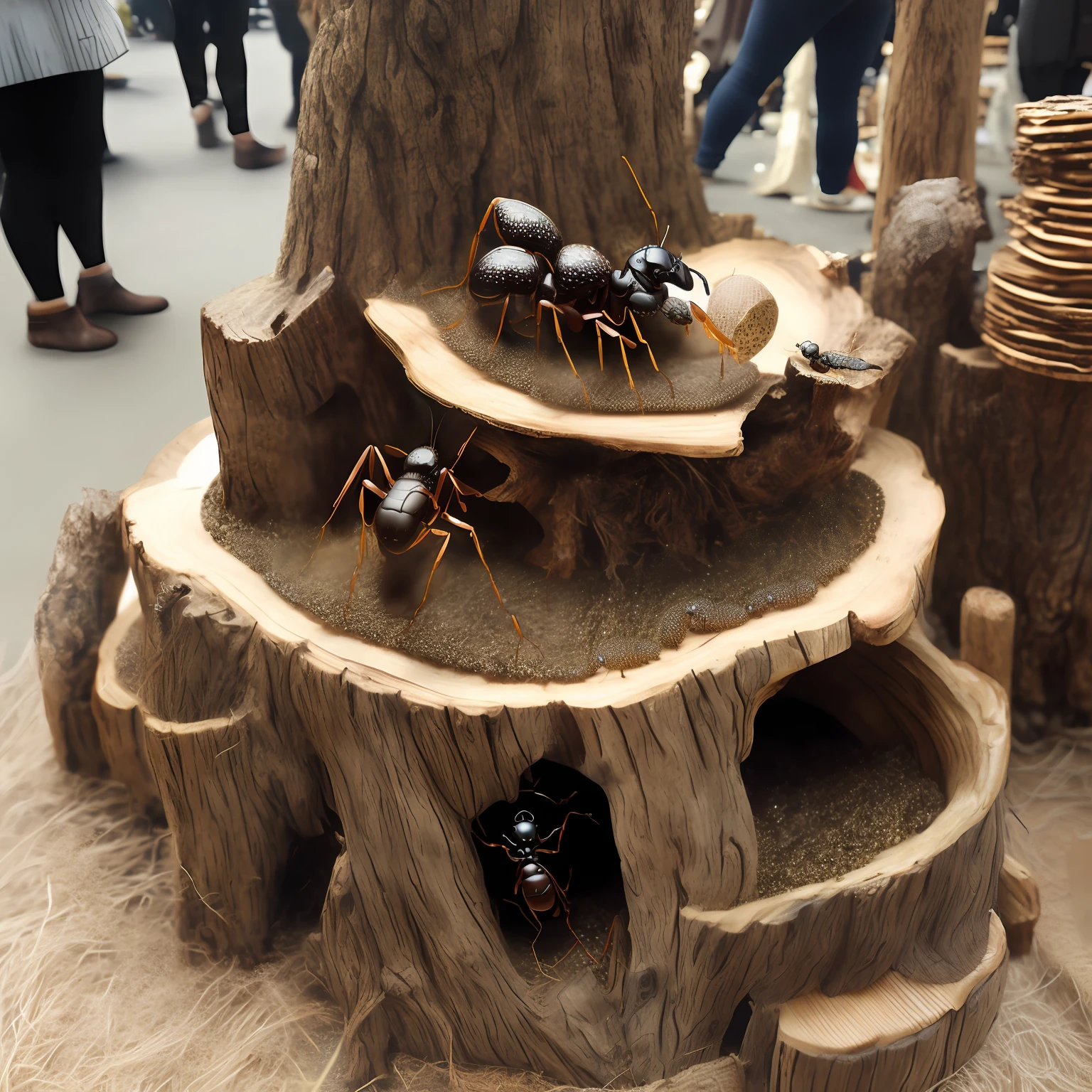 small word busy ant themed market on a tree stump, aesthetic, fantasy