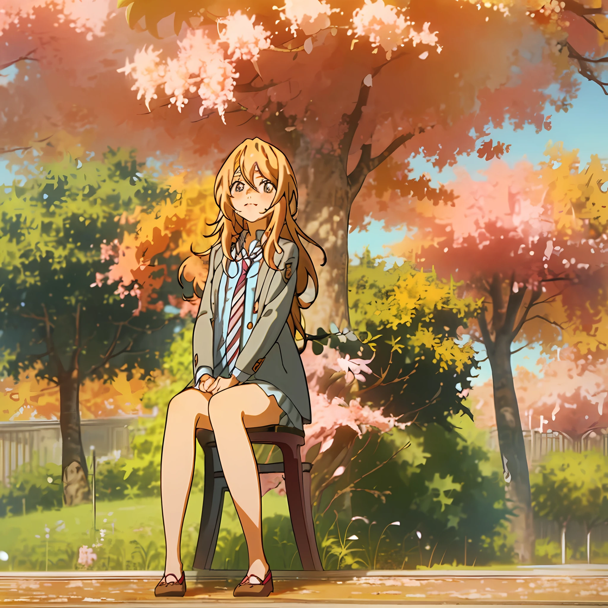 Masterpiece, best quality, kaori, blonde_hair, school uniform, 1girl, solo, smile, long_sleeves, long_hair, elegant, octane rendering, best quality, masterpiece, an extremely delicate and beautiful face, realistic, beautiful, makeup, with necklace, detailed, garden background, ((()) sitting under a cherry tree, sitting under a tree, view from afar, full body, looking at the viewer, 8k,16k,anime girl sitting on a chair in a park with trees, cute, by Shingei, official artwork, anime wallaper, anime stylized, 🍁 seasons!! : 🌸 ☀ 🍂 ❄ , in autumn, sitting in the garden, iwakura lain, anime visual of a cute girl, anime moe artstyle, pixiv style, by Ai-Mitsu, during autumn