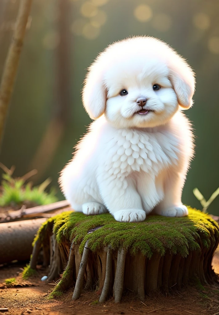 Fluffy puppy sitting near the roots of a tree on a hillside