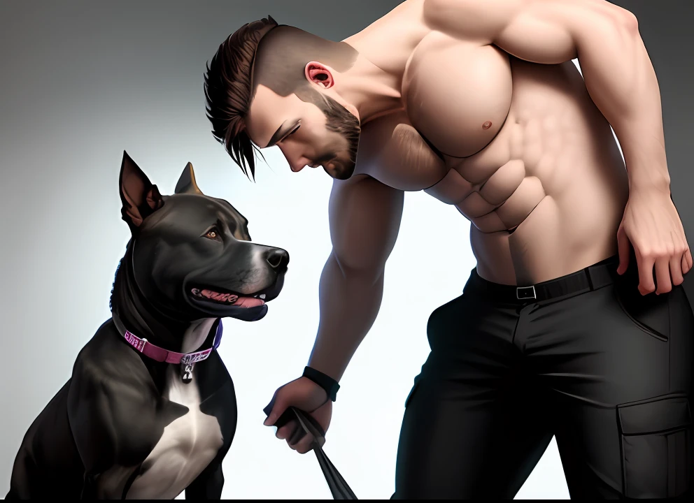 8k ultra HD, 28 year old man, brunette pouring black time standing with Pit Bull on the side