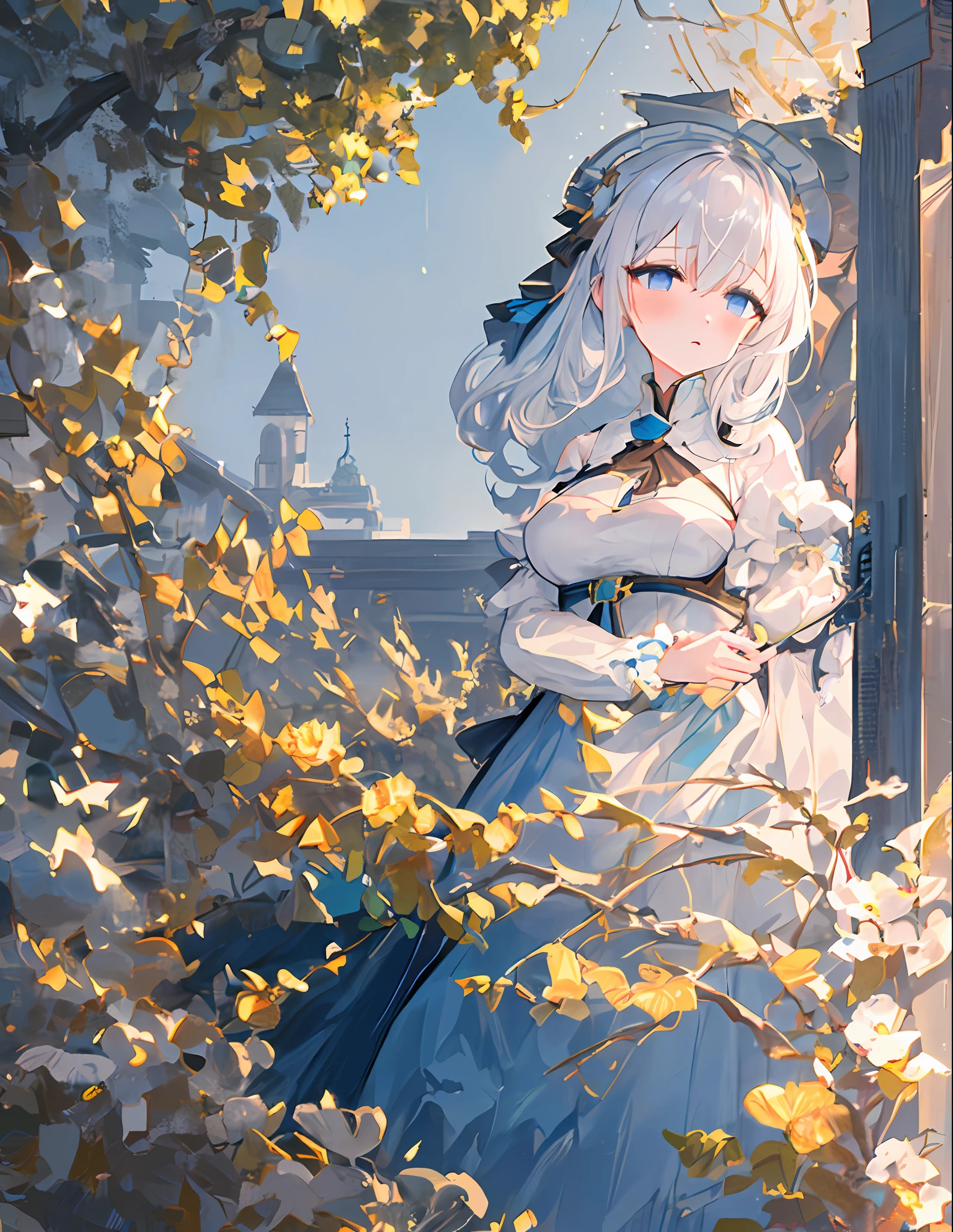 1girl, large_breasts, empty_eyes, medium_hair, masterpiece, hair_pin, middle finger, white hair, gradient hair, light blue eyes