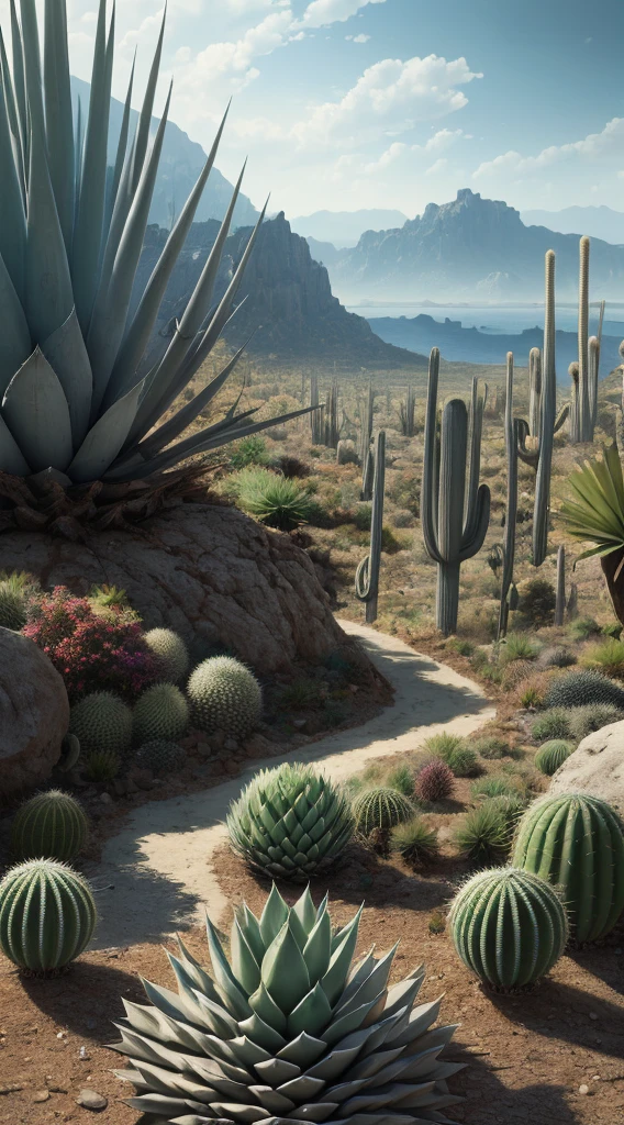 ((masterpiece)), best quality, high quality, ((very detailed CG unity 8k wallpaper)), (fantasy), dry place like empty desert, dear, watch from higher mountains, ((giant agave titanota)), wild plants, foxy, , Mono Lake, hackberry, 3D Digital Paintings, award winning photography, Bokeh, Depth of Field, HDR, bloom, less cactus, Chromatic Aberration , Photorealistic, extremely detailed, trending on artstation, trending on CGsociety, Intricate, High Detail, Dramatic, Halfway Art,