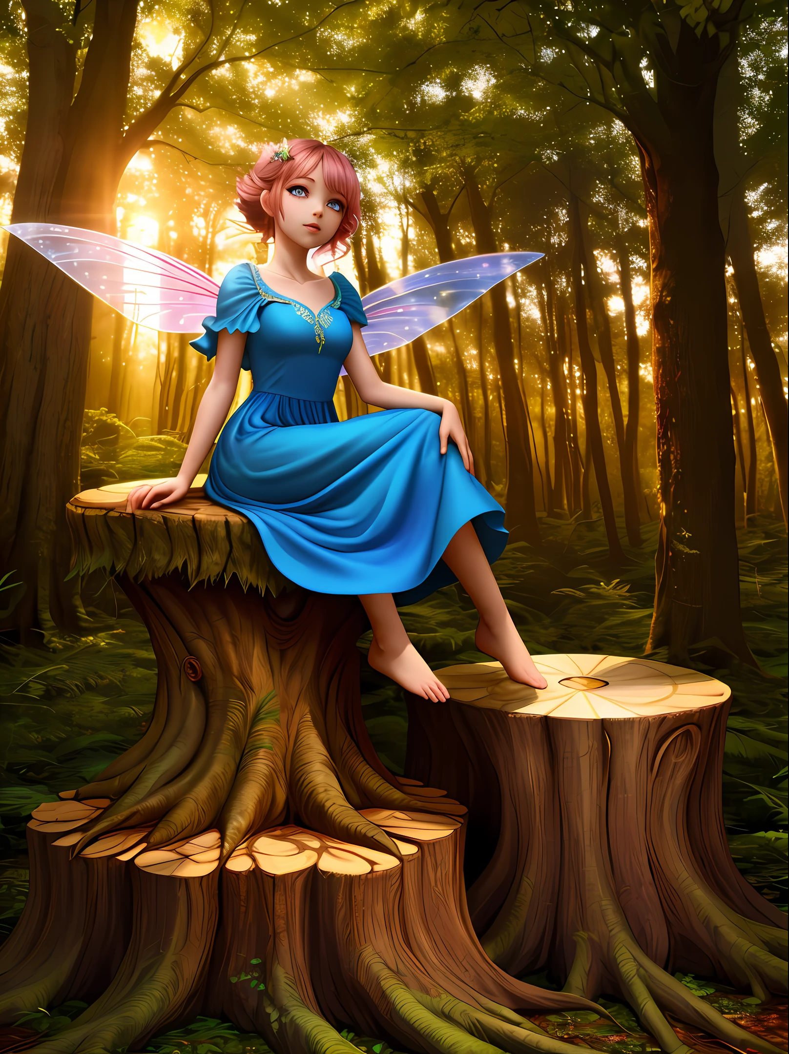 Beutiful fairy sitting on a tree stump in a lummy forest. It's sunrise, wearing a blue dress. Detailed. She has wings.