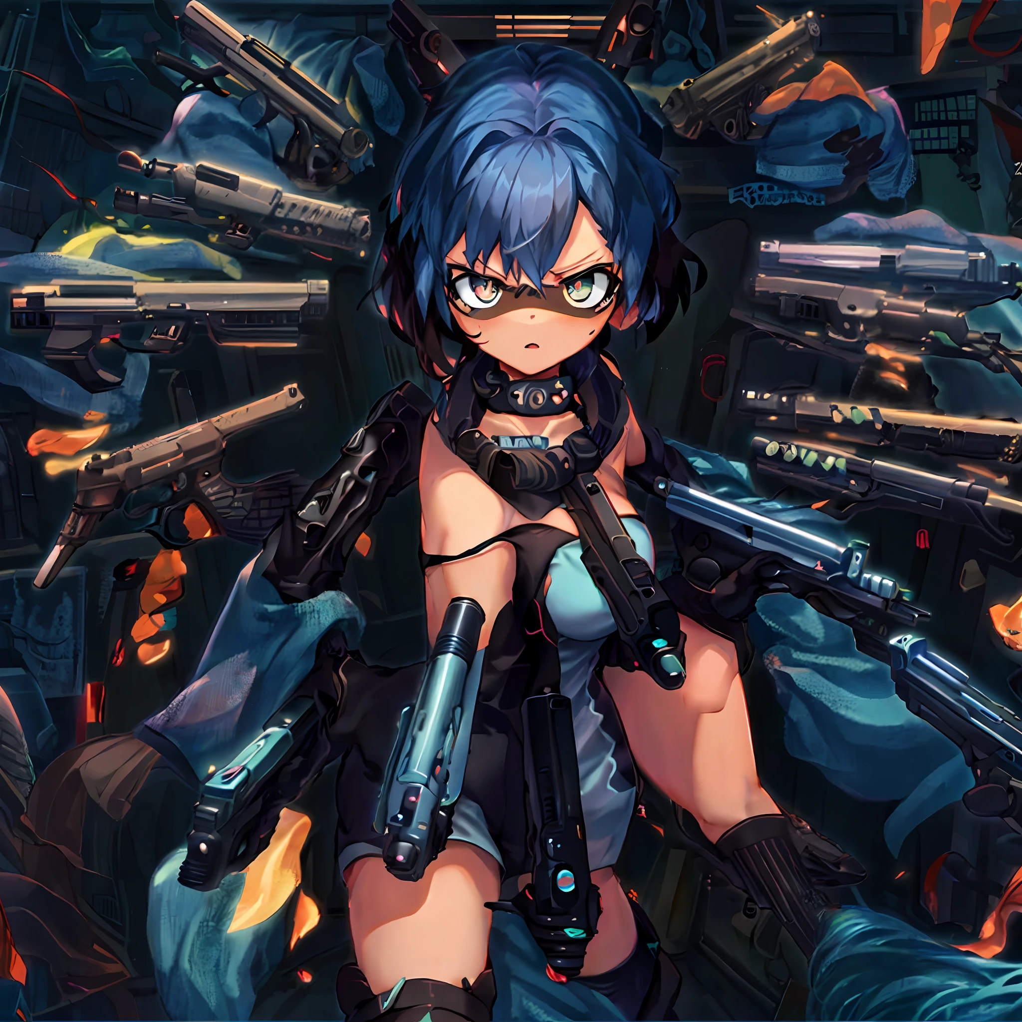 Female Michiru Kagemori, serious face, with many guns around being pointed at her