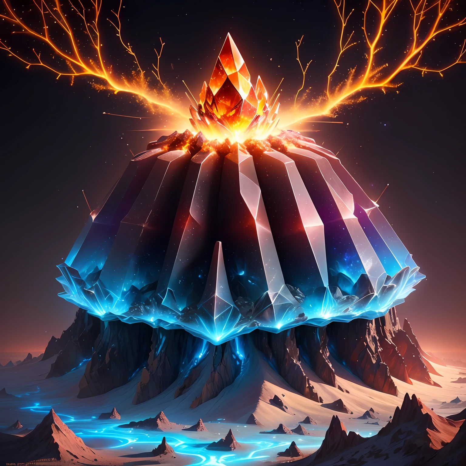 an crystalized sci-fi ant hill with some fire circling around it, with some visual effects, fantasy, hd, HDR 4k upscale