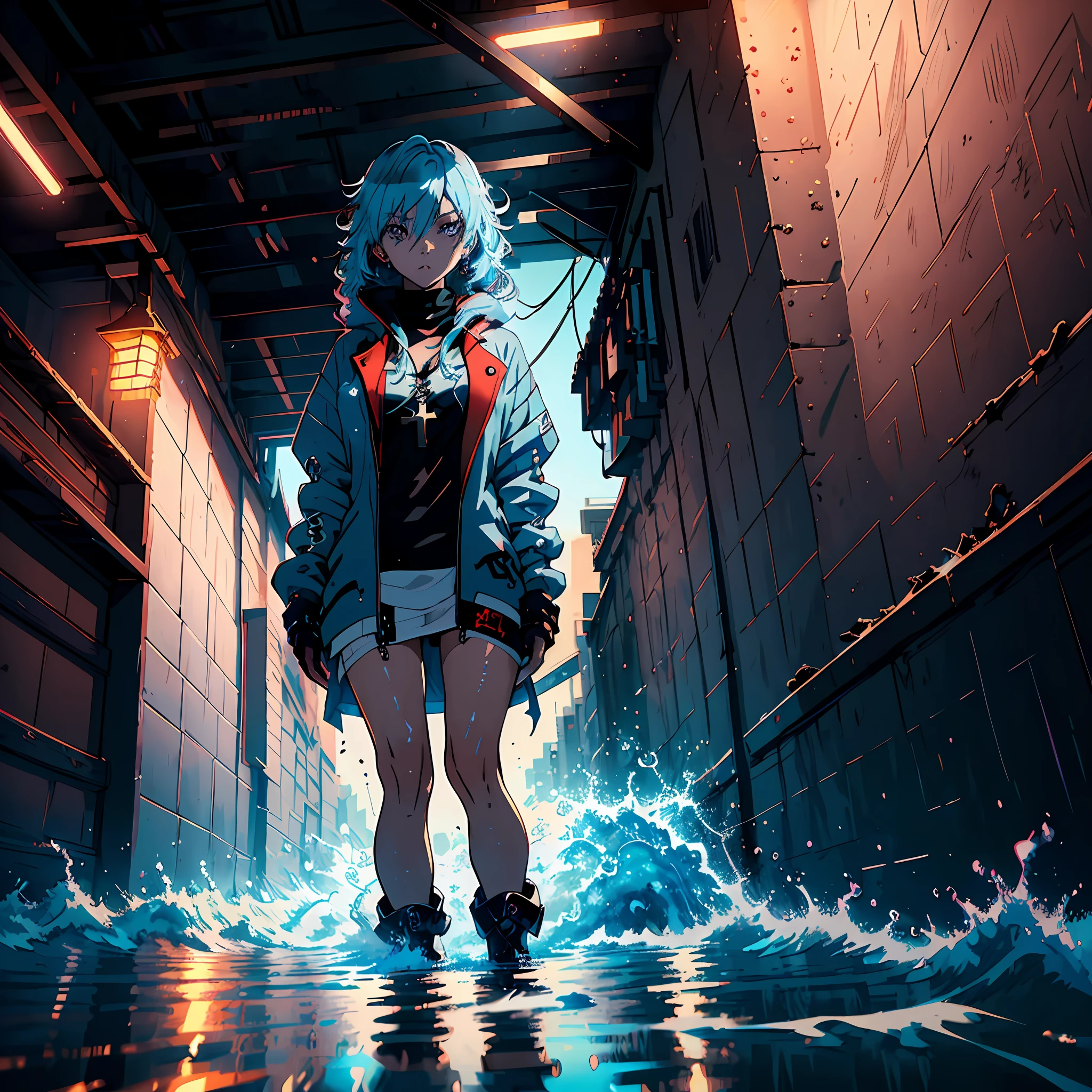 ((((dramatic))), (((gritty))), (((intense))),anime character,1girl,solo,light blue hair,long straight hair,hair covering eye's, wearing cross earrings,wearing a turtle neck, beautiful face, beautiful eye's, vibrant colors, night, highest quality digital art,beach,water splash art, Stunning art, wallpaper 4k,8k,64k, HD, unparalleled masterpiece, dynamic lighting, cinematic, epic