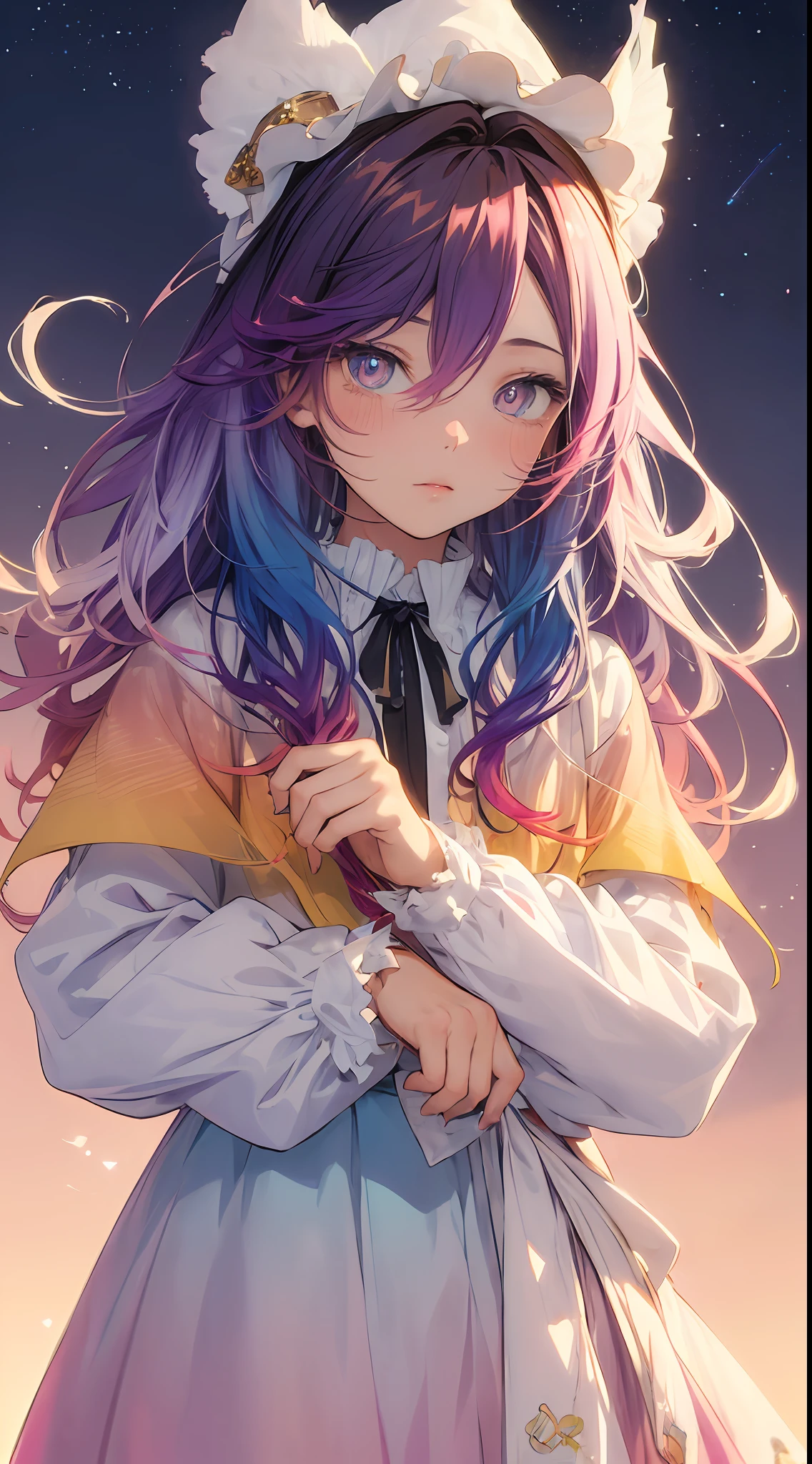 (gradient hair:1.6), dutch angle, film grain, chromatic aberration, starry sky, masterpiece, best quality, raw photo, photorealistic, absurdres, 1girl, cute, perspective, cowboy shot, highres, ultra detailed, finely detail, detailed eyes and face, sharp pupils, realistic pupils, sharp focus, summer, (white long dress:0.6)