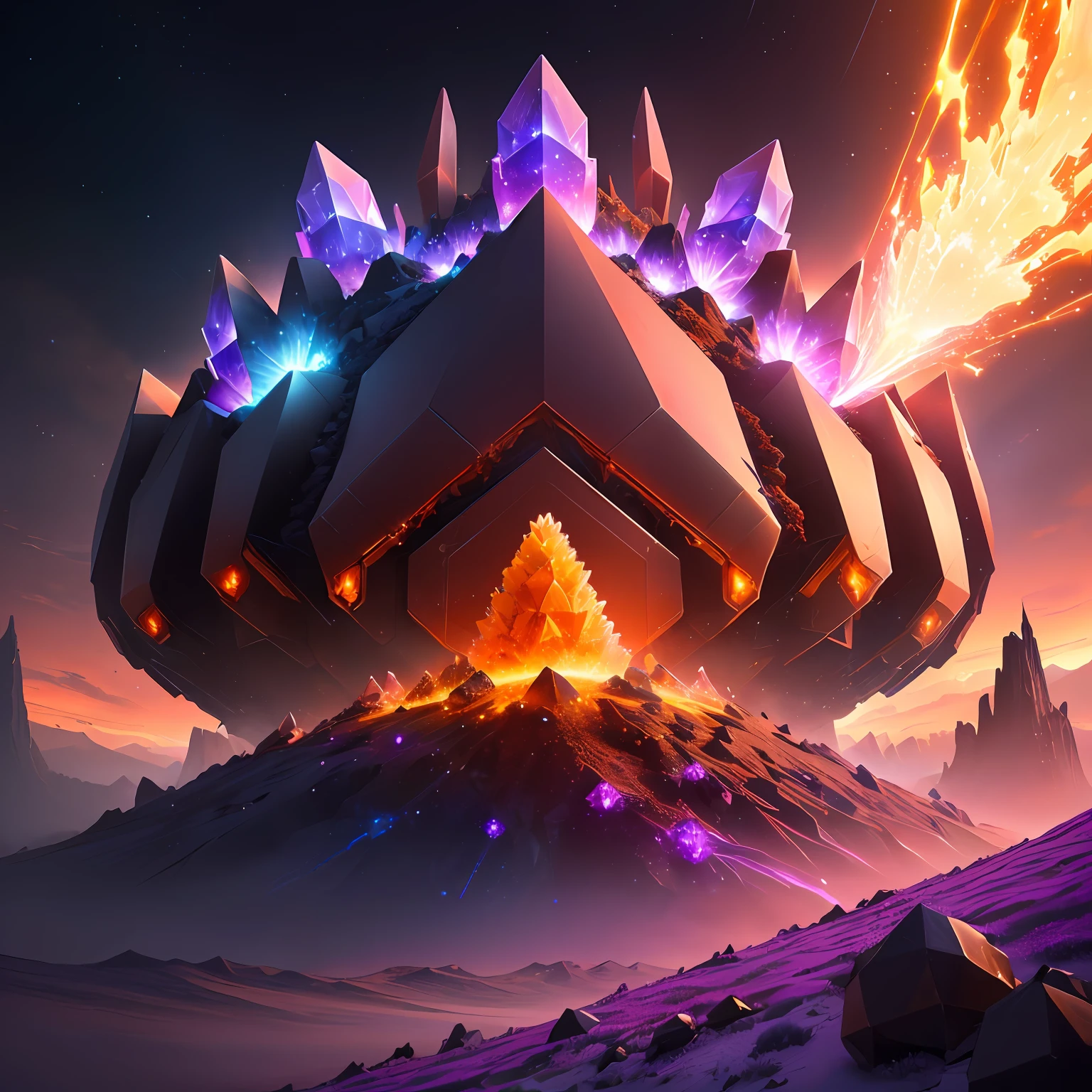 an crystalized sci-fi ant hill with some fire circling around it, with some visual effects, fantasy, hd, HDR 4k upscale