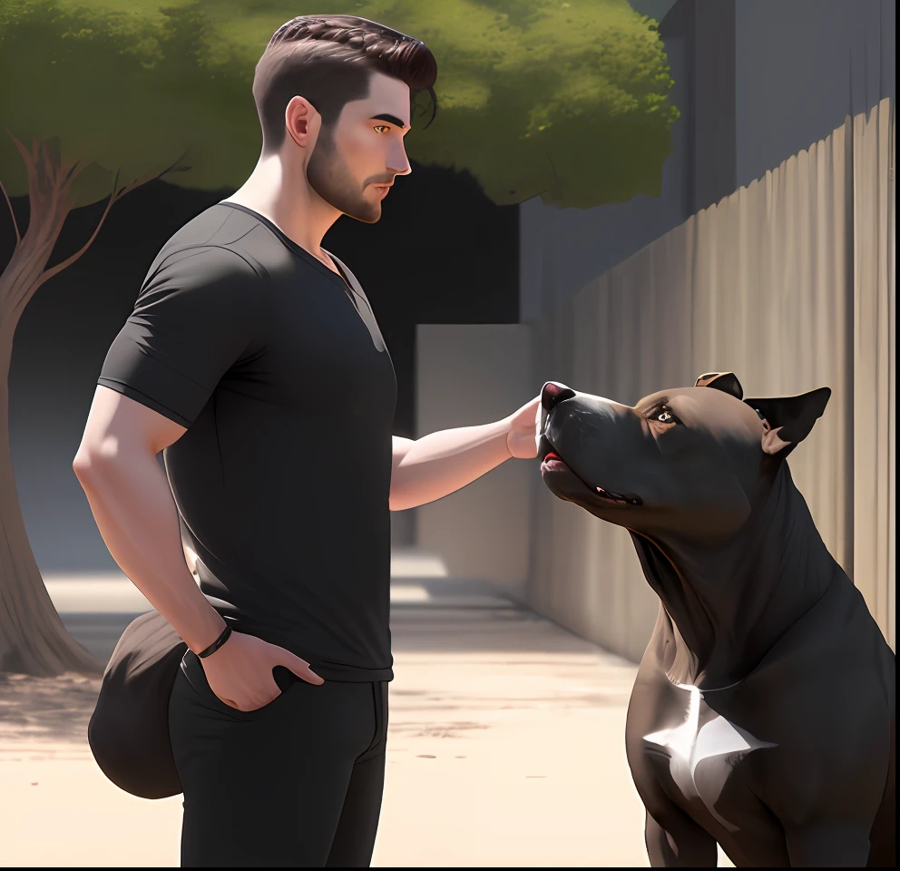 8k ultra HD, 28 year old man, brunette pouring black time standing with Pit Bull on the side