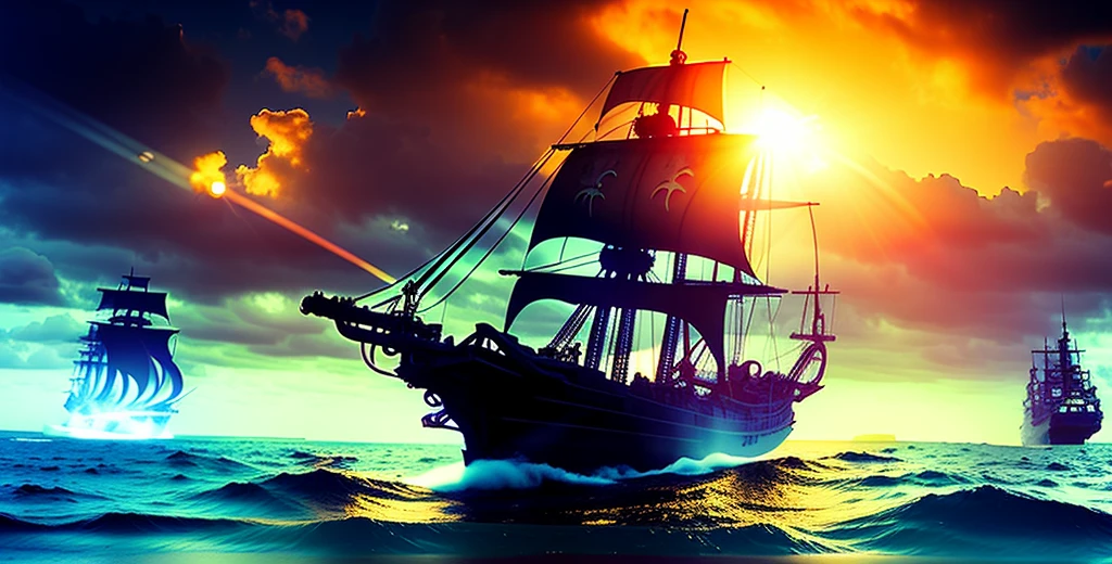 there is a large ship sailing in the ocean with other ships, a ship lost in a storm, pirate ships at war at night, dramatic concept art, an impossibly huge pirate ship, ships with sails underneath, ships, pirate ships, on a pirate ship background, gothic ship on ocean, by Yang J, by Aleksander Gine, inspired by Carl Eugen Keel