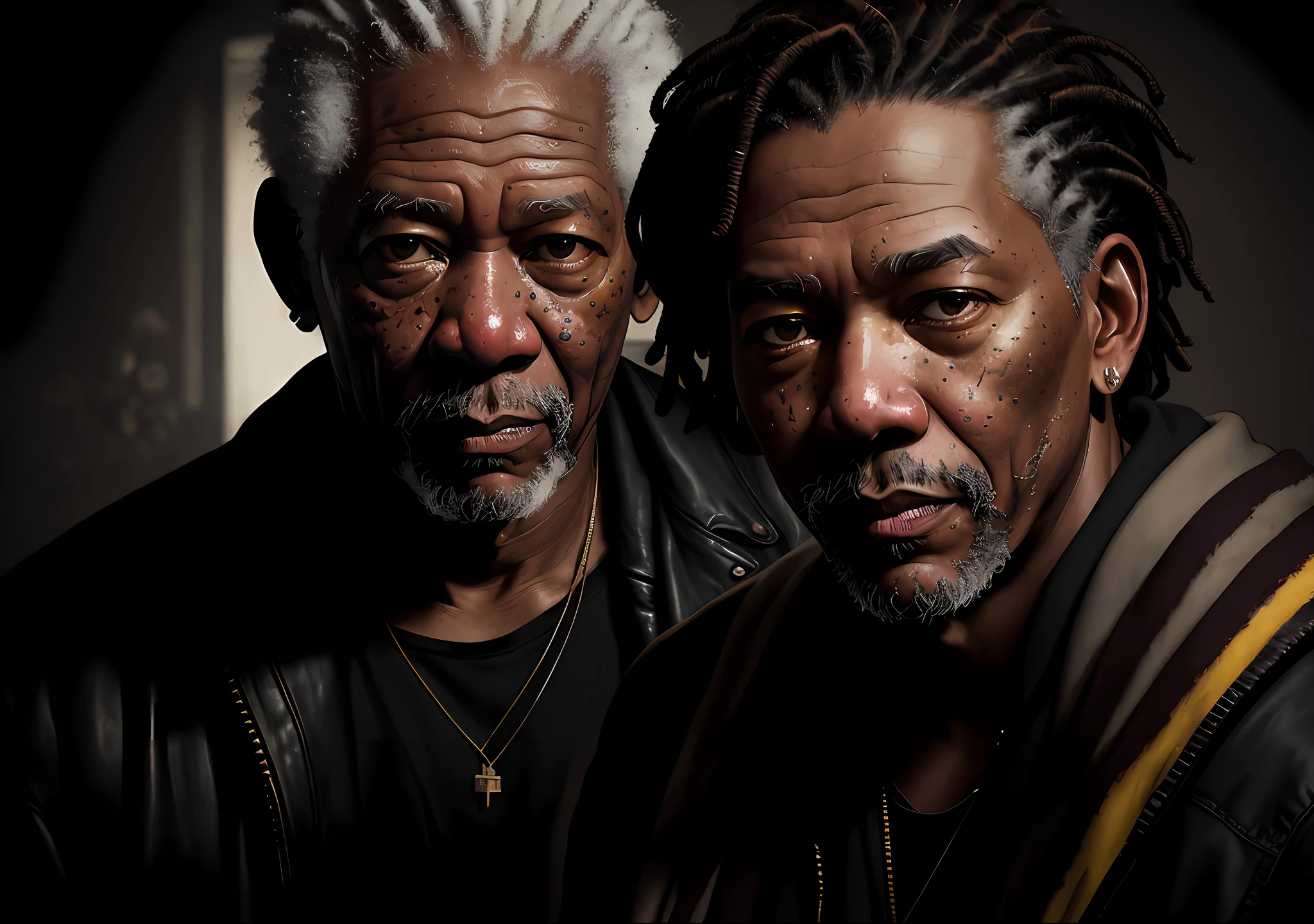 Morgan Freeman dark photo: sitting next to an old, realistic epic, portrait of, eyes of Atey Ghailan, Greg Rutkowski, Greg Tocchini, James Gilleard, Joe Fenton, Kaethe Butcher, yellow gradient, black, brown and magenta color scheme, grunge aesthetic!!! Graffiti brand wall background, art by Greg Rutkowski and Artgerm, soft cinematic light, Adobe Lightroom, Photo Lab, HDR, intricate, highly detailed, (depth of field: 1.4), faded, (neutral colors: 1.2), (HDR: 1.4), (soft colors:1.2), hyperdetailed, (Artstation:1.4), cinematic, warm lights, dramatic light, (intricate details:1.1), complex background, (Rutkowski:0.66), (blue and orange:0.4)