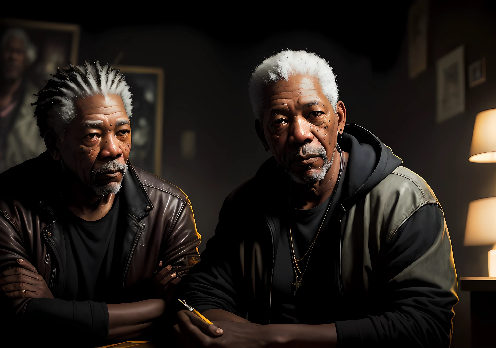 Morgan Freeman dark photo: sitting next to an old, realistic epic, portrait of, eyes of Atey Ghailan, Greg Rutkowski, Greg Tocchini, James Gilleard, Joe Fenton, Kaethe Butcher, yellow gradient, black, brown and magenta color scheme, grunge aesthetic!!! Graffiti brand wall background, art by Greg Rutkowski and Artgerm, soft cinematic light, Adobe Lightroom, Photo Lab, HDR, intricate, highly detailed, (depth of field: 1.4), faded, (neutral colors: 1.2), (HDR: 1.4), (soft colors:1.2), hyperdetailed, (Artstation:1.4), cinematic, warm lights, dramatic light, (intricate details:1.1), complex background, (Rutkowski:0.66), (blue and orange:0.4)