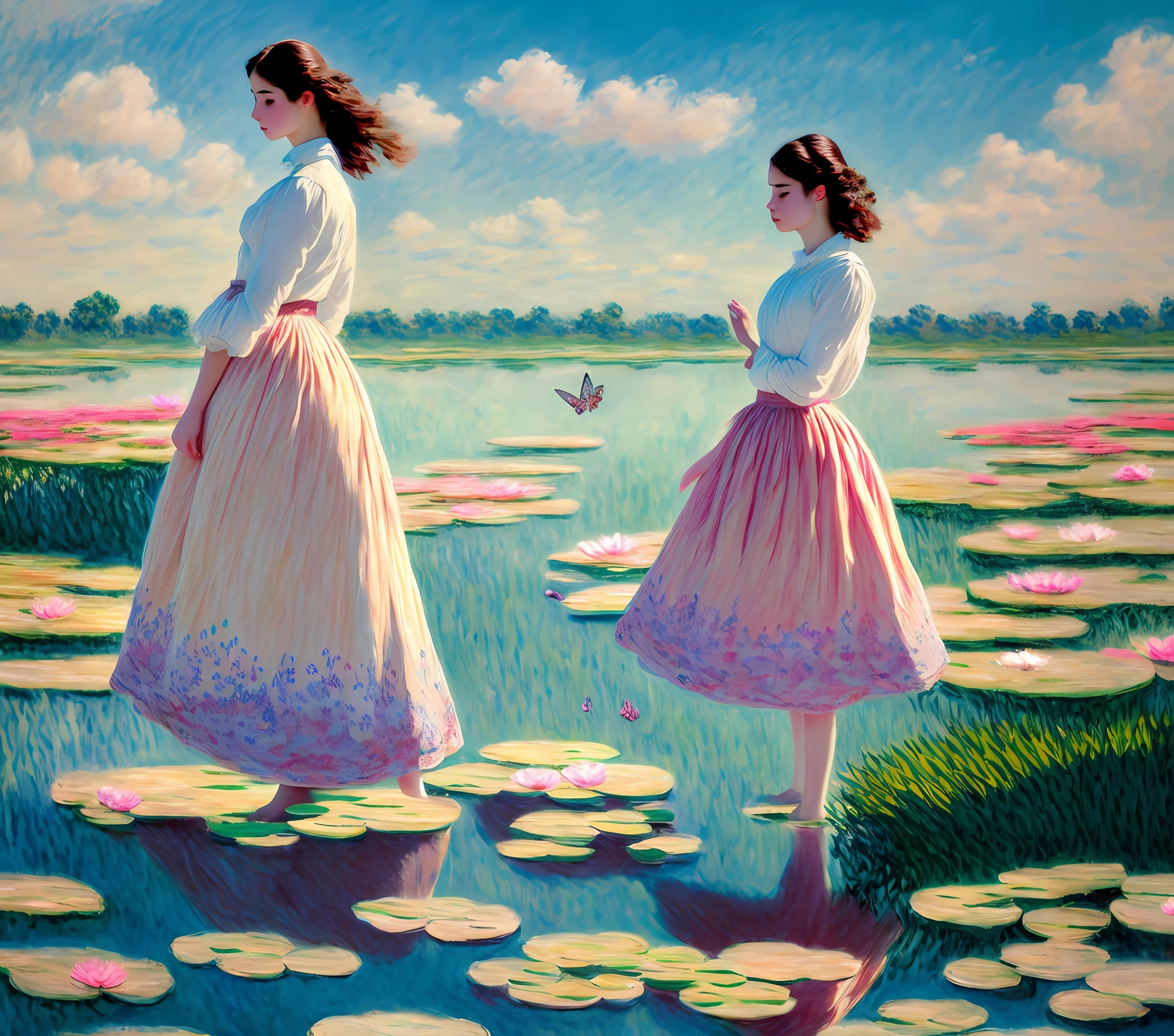 (Still picture, 1 portrait), (Monet Impressionism, Romantic Impressionism), (French Impressionism, Impressionist Art), (Fine Detail Building, High Quality), Beautiful Maiden Standing on the Land Next to the Water Lily painted by Charles Monet, the color gradient details of the Water Lily are brilliant and colorful, and the lotus leaves or water surface are reflected into the classic Monet-style picture background; The girl is wearing a light and sweet long skirt, light and fluttering in front of the picture, the silhouette is graceful, and the frog next to her adds interest, the whole picture is like a youth myth, with a strong sense of art and aesthetics.