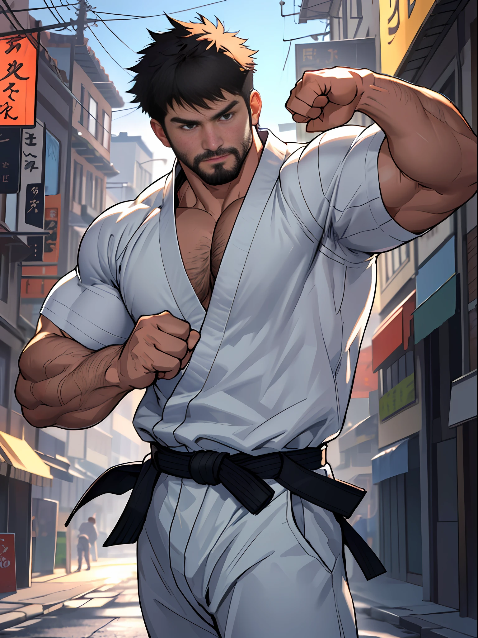 best quality, masterpiece, super high resolution, detailed background, realism, illustrations, single, 1 boy, street, muscle, volumetric lighting, depth of field, facial hair, ryu, ( fist raised above head and jumped), white clothes, black belt,