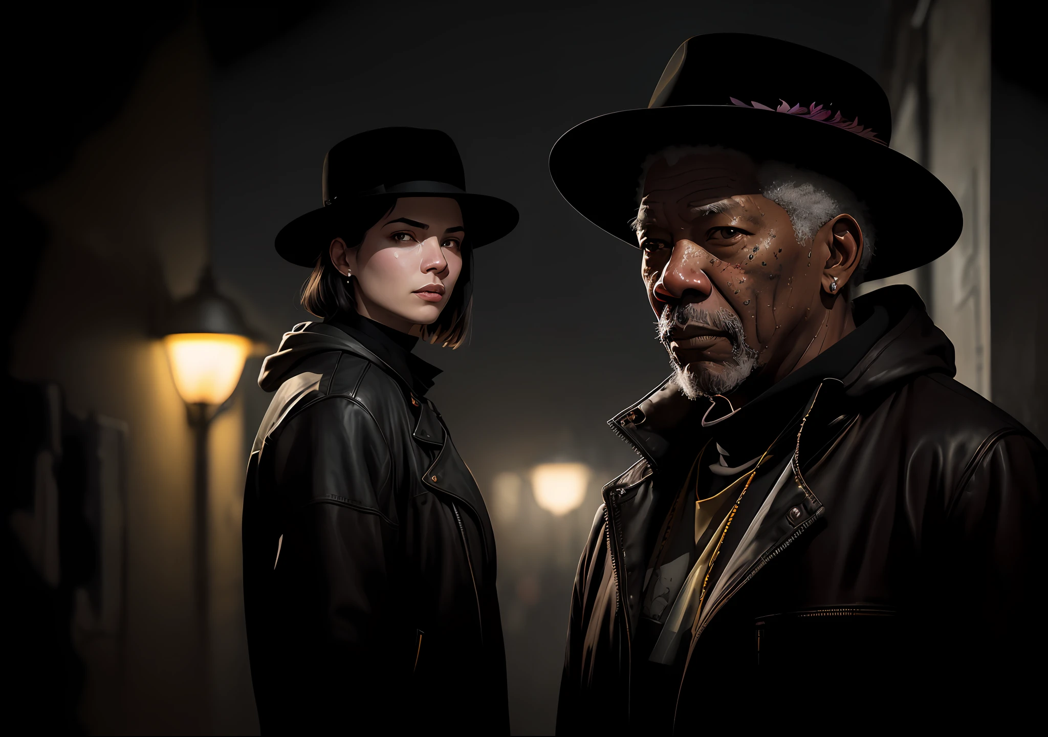 Morgan Freeman dark photo: standing with a hat, realistic epic, portrait of, eyes of Atey Ghailan, Greg Rutkowski, Greg Tocchini, James Gilleard, Joe Fenton, Kaethe Butcher, yellow gradient, black, brown and magenta color scheme, grunge aesthetic!!! Graffiti brand wall background, art by Greg Rutkowski and Artgerm, soft cinematic light, Adobe Lightroom, Photo Lab, HDR, intricate, highly detailed, (depth of field: 1.4), faded, (neutral colors: 1.2), (HDR: 1.4), (soft colors:1.2), hyperdetailed, (Artstation:1.4), cinematic, warm lights, dramatic light, (intricate details:1.1), complex background, (Rutkowski:0.66), (blue and orange:0.4)