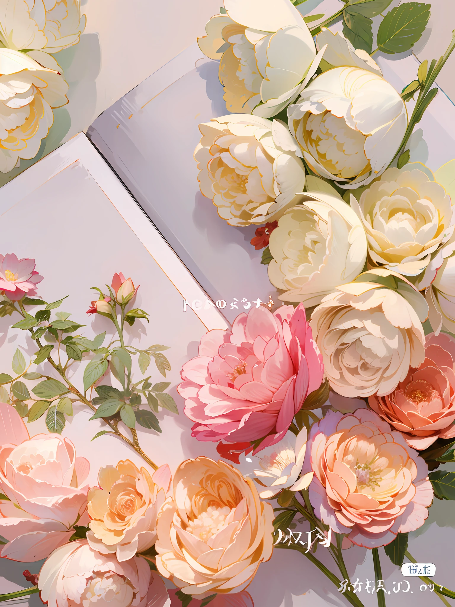High quality, high detail, 8k, lots of flowers on table, floral art association, flowers, bouquet of roses, no figures, rose background, beautiful digital illustration, pastel roses, soft flowers, beautiful digital illustrations, elegant digital painting, romantic art style, realistic illustration, watercolor style
