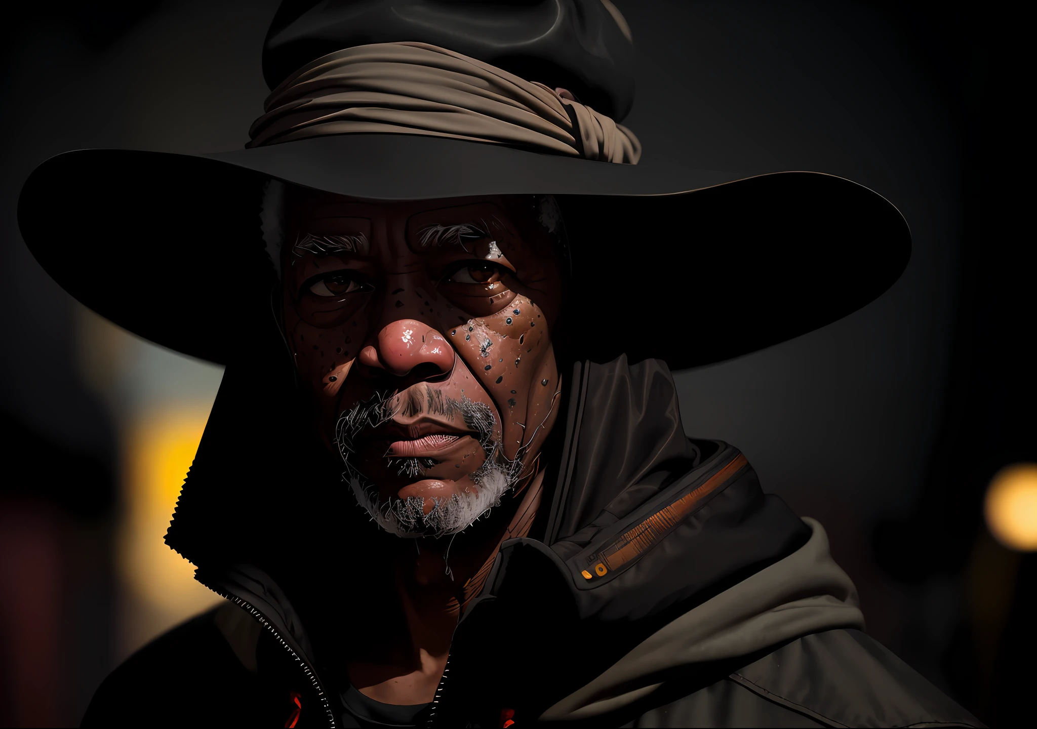 Morgan Freeman dark photo: standing with a hat, realistic epic, portrait of, eyes of Atey Ghailan, Greg Rutkowski, Greg Tocchini, James Gilleard, Joe Fenton, Kaethe Butcher, yellow gradient, black, brown and magenta color scheme, grunge aesthetic!!! Graffiti brand wall background, art by Greg Rutkowski and Artgerm, soft cinematic light, Adobe Lightroom, Photo Lab, HDR, intricate, highly detailed, (depth of field: 1.4), faded, (neutral colors: 1.2), (HDR: 1.4), (soft colors:1.2), hyperdetailed, (Artstation:1.4), cinematic, warm lights, dramatic light, (intricate details:1.1), complex background, (Rutkowski:0.66), (blue and orange:0.4)