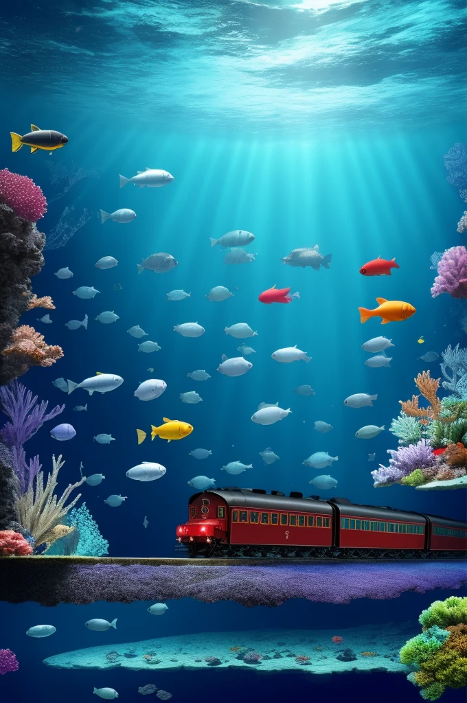 Steam Train form Future technological years (more detail), It is under Ocean,in the Ocean galaxy sky under water ,too many space ships under water ,colourful fishes, 8k resolution photograph, fish with lighting,
