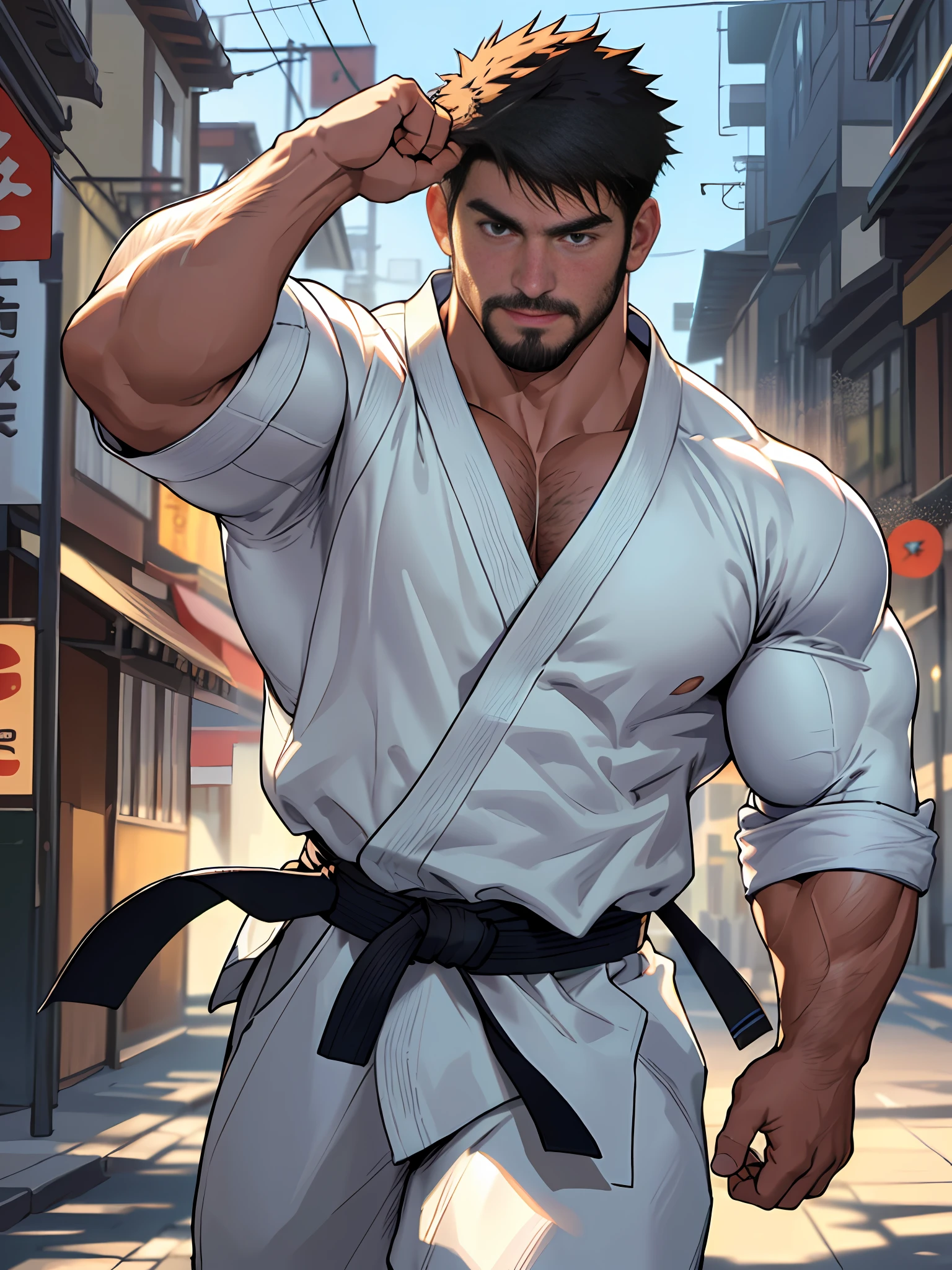 best quality, masterpiece, super high resolution, detailed background, realism, Illustrations, single, 1 boy, street, muscle, volumetric lighting, depth of field, facial hair, ryu, ( fist raised above head and jumped), white clothes, black belt, open mouth,