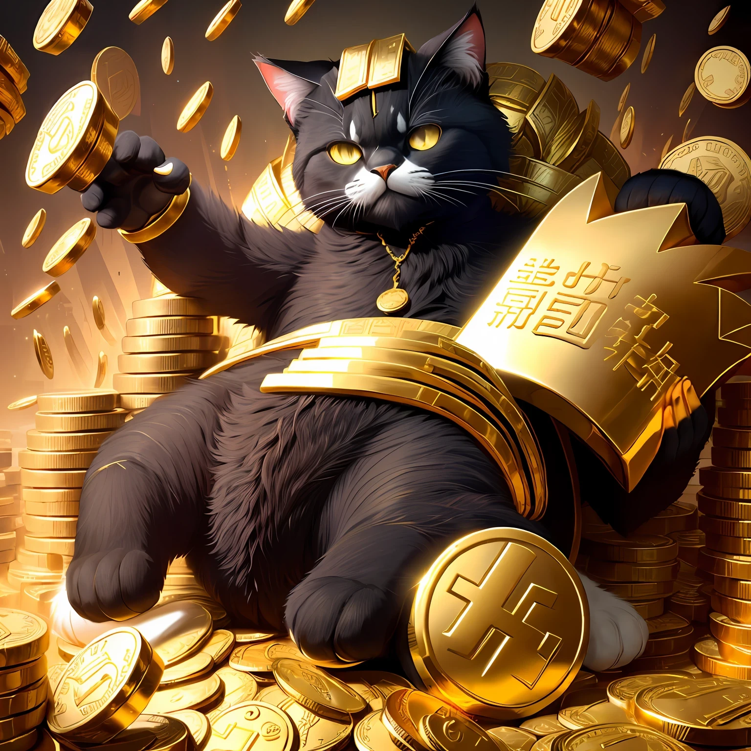 giant fortune cat surrounded with pile of gold, gold coins and some cash